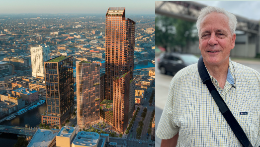 Lou Schueller next to the city's newly proposed building downtown