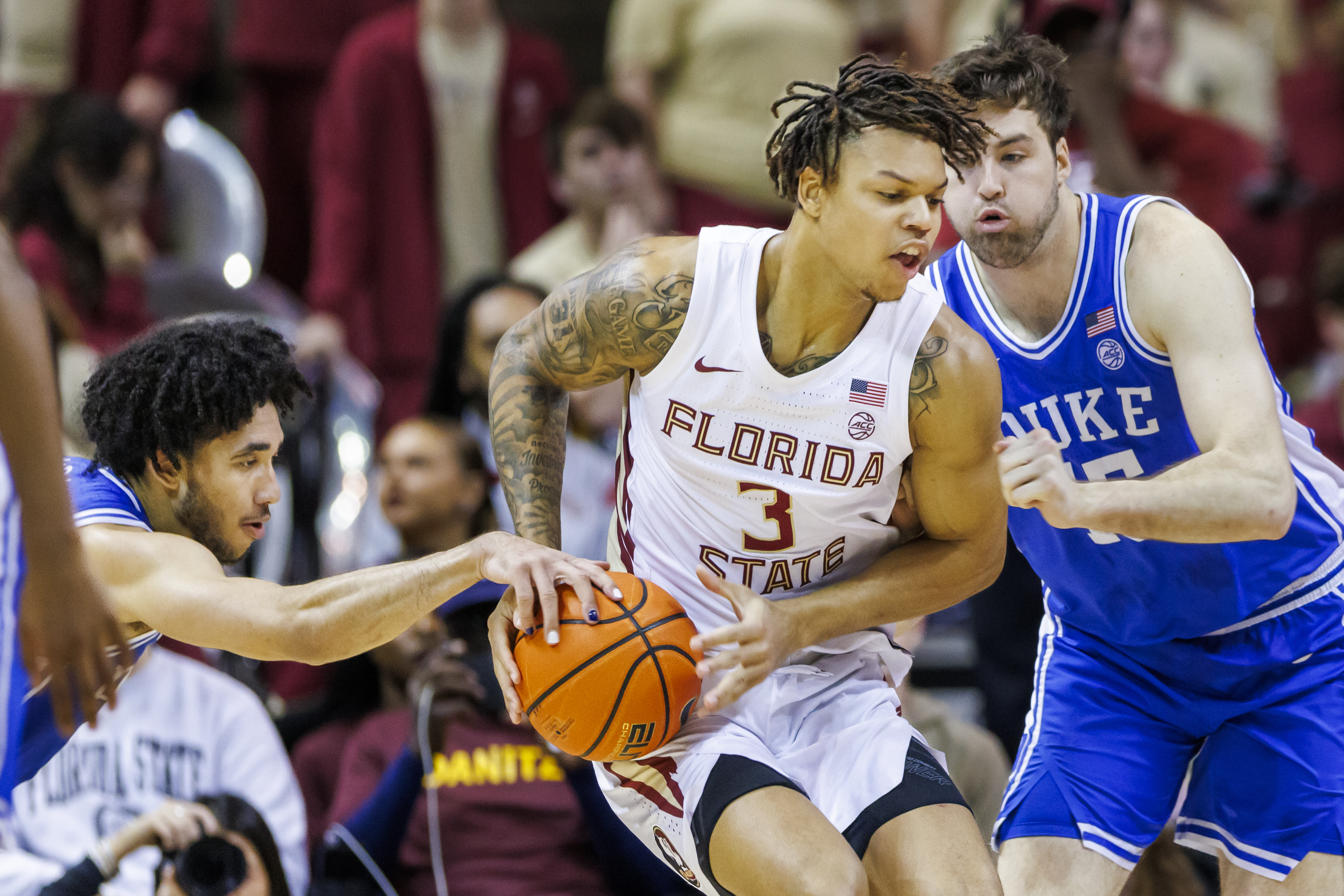 Florida State Seminoles forward Cam Corhen battles Duke Blue Devils for basketball, Feb. 17, 2024