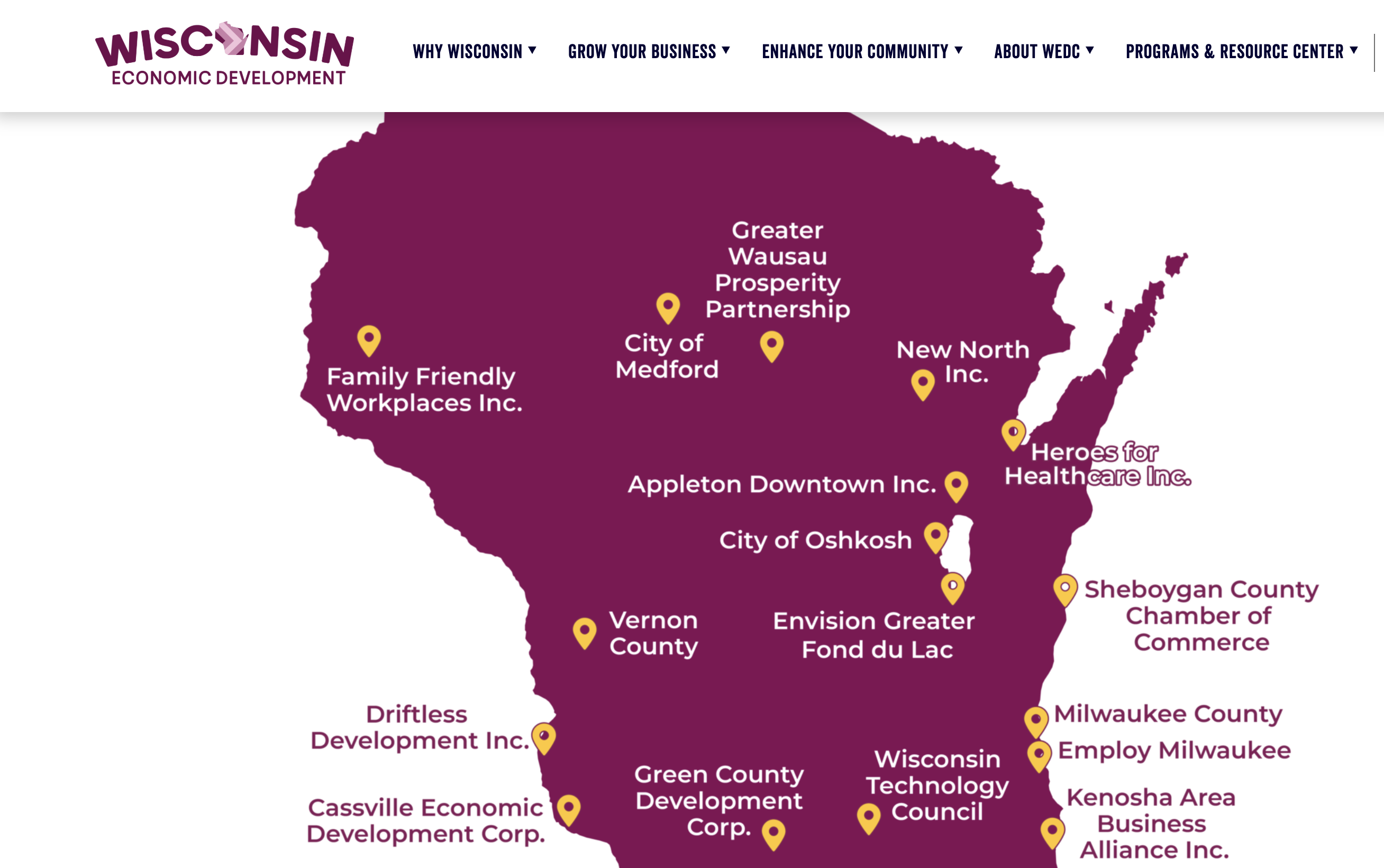 A screen grab from the Wisconsin Economic Development Corporation's website, which shows a map of all communities that will receive the Talent Recruitment Grant.