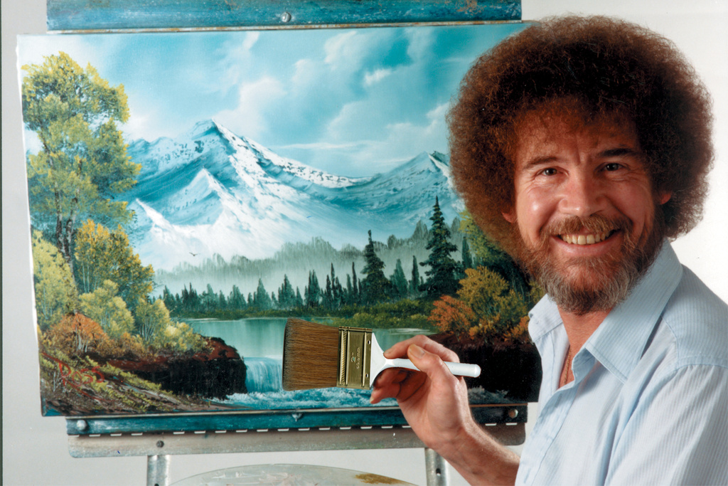 This undated image shows artist Bob Ross, host of the series “The Joy of Painting.” 