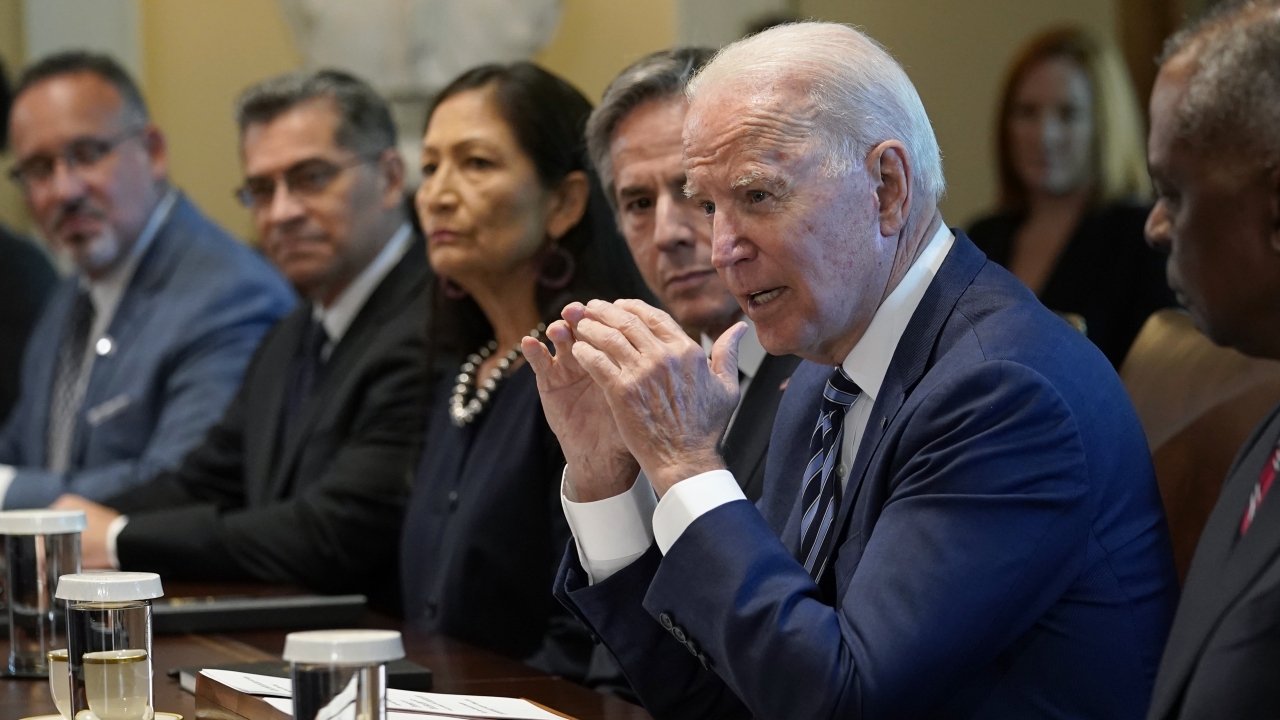 President Joe Biden speaks during a meeting with his Cabinet in the Cabinet Room