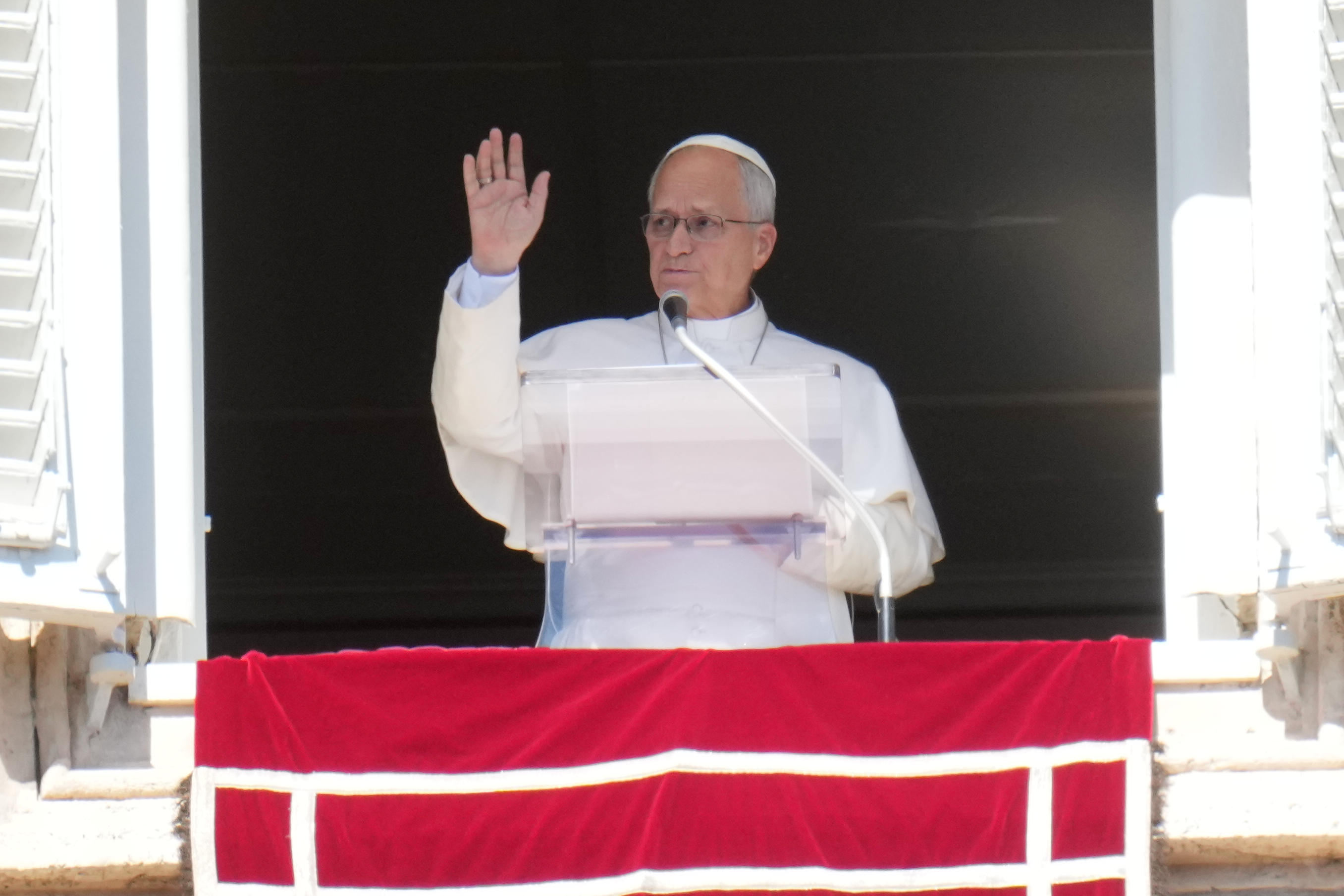 Pope Leo XIV delivers the Angelus prayer in St. Peter's Square at the Vatican, Sunday, Oct. 11, 2026.