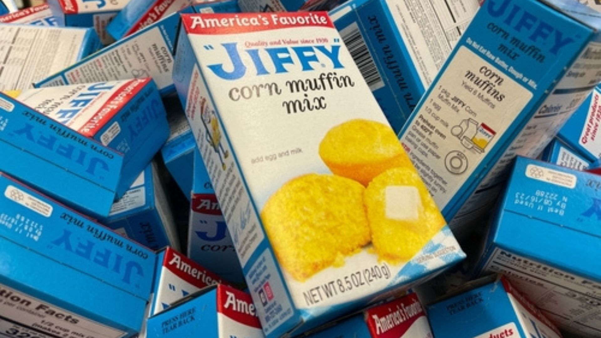Boxes of Jiffy corn muffin mix.