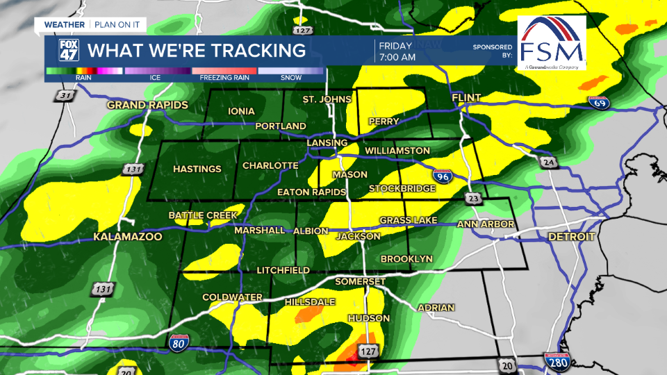 An incoming clipper system brings steady rainfall during the morning hours of Friday with an isolated rumble of thunder possible