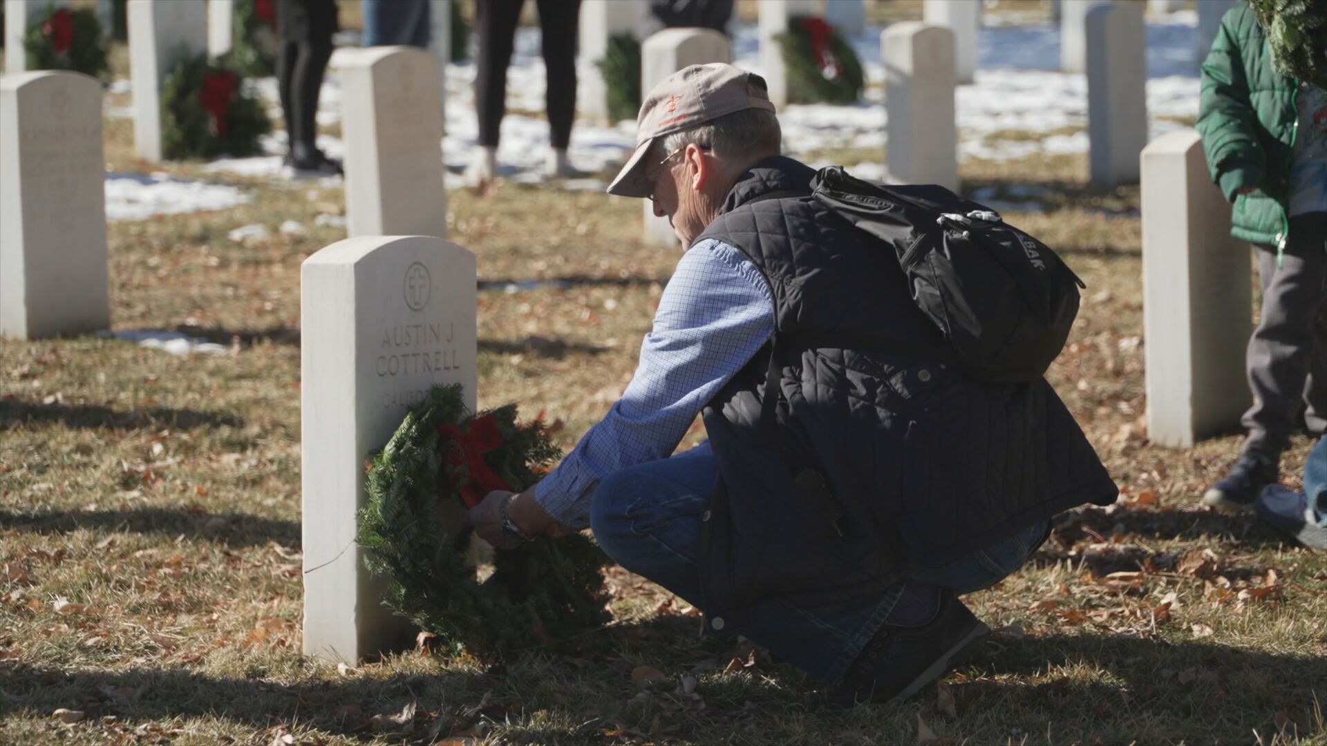 Wreaths are placed at veterans' gravestones for the holidays