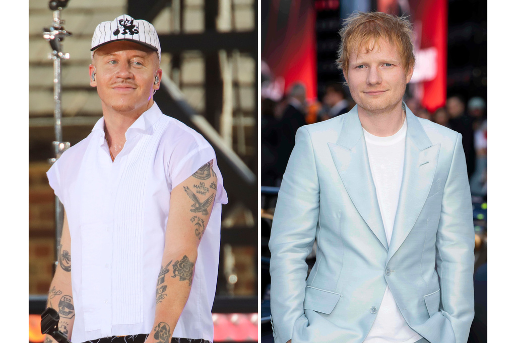Recording artist Macklemore appears on ABC's "Good Morning America" Summer Concert Series in Central Park in New York on July 22, 2022, left, and Ed Sheeran appears at the premiere of the film "F1 The Movie" in London on June 23, 2025.