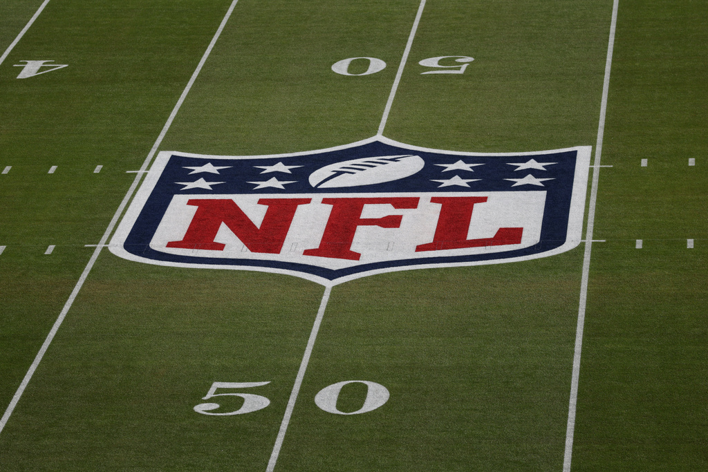 A view of the NFL logo on the field at Levi's Stadium before the NFL Super Bowl 60 football game, Sunday, February 8, 2026, in Santa Clara, Calif.
