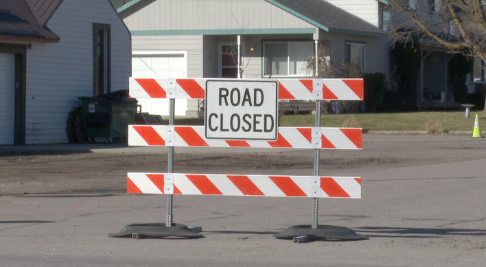 Road closed sign on the corner of A Street and Nucleus Ave. in Columbia Falls, Monday, March 23, 2026