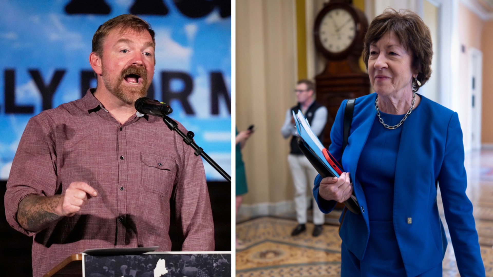 A combination photo of Graham Platner and Sen. Susan Collins.