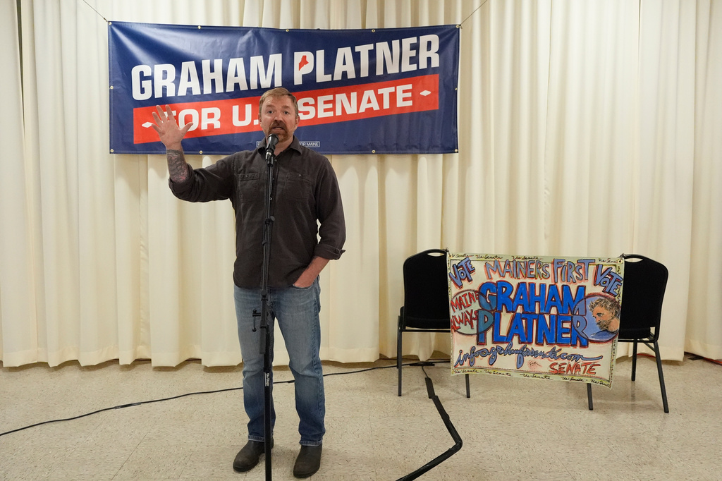 Graham Platner, Democratic candidate for U.S. Senate, speaks at a campaign event Sunday, June 7, 2026, in Portland, Maine. 
