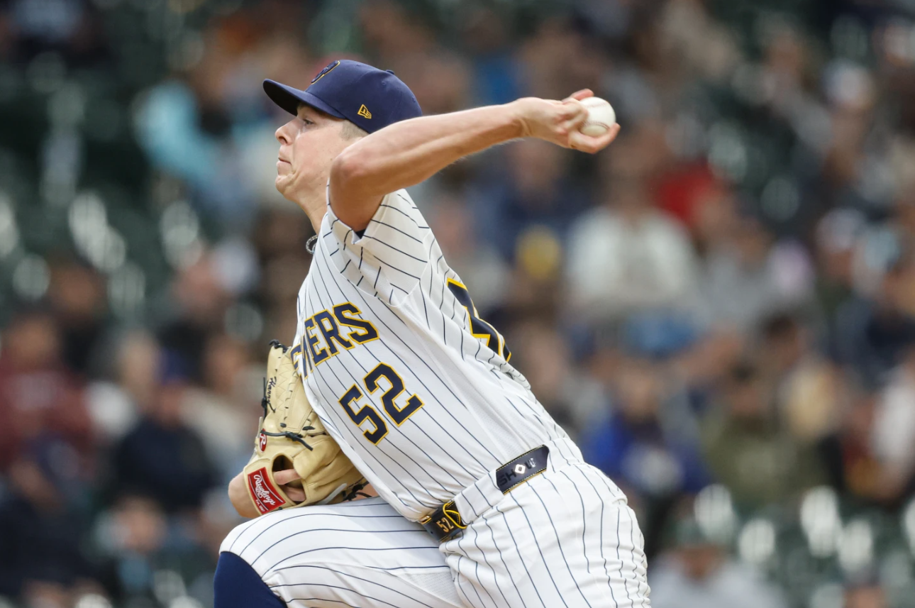 Milwaukee Brewers pitcher Kyle Harrison (52) throws during the first inning of a baseball game against the Pittsburgh Pirates Sunday, April 26, 2026, in Milwaukee.