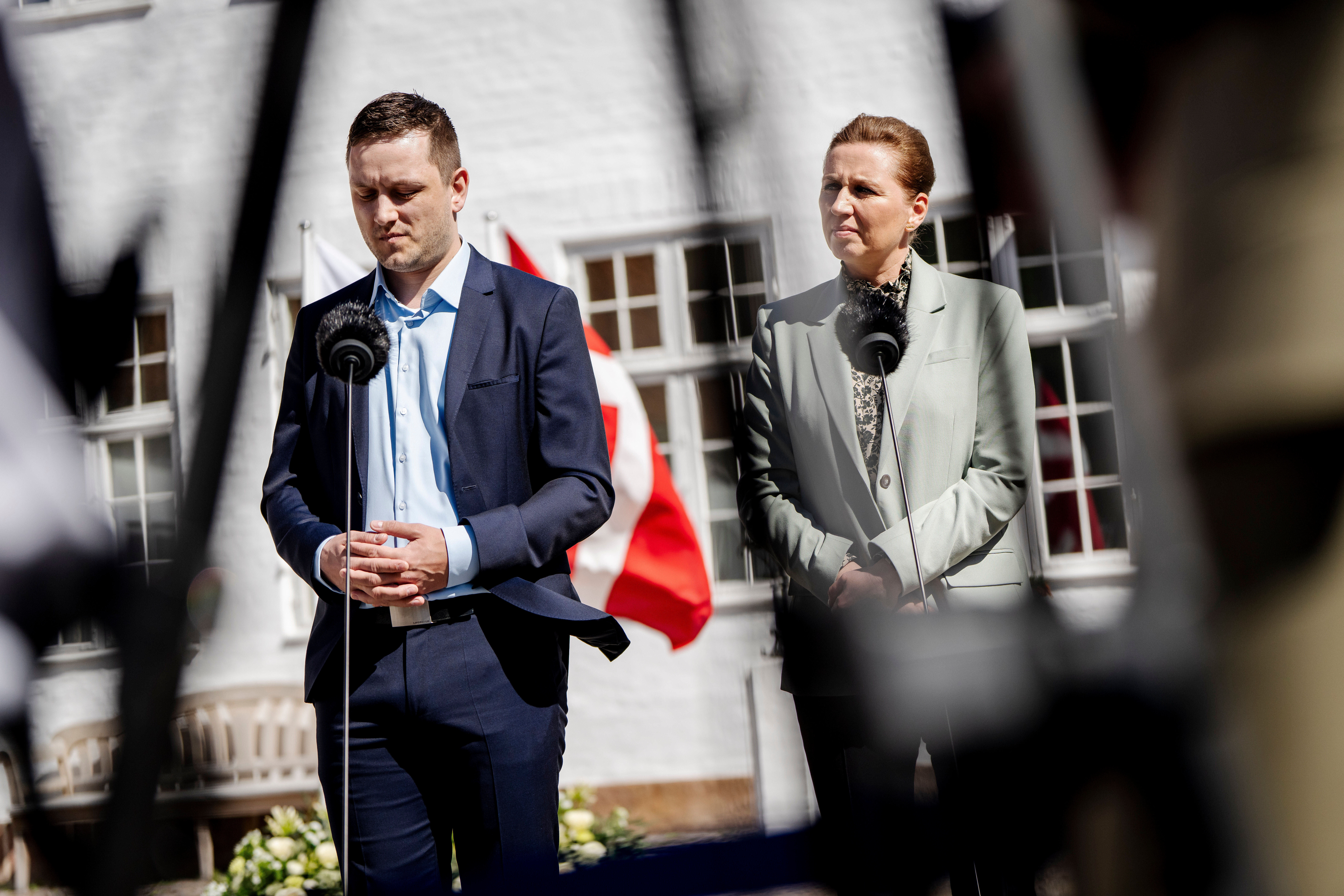 Denmark's Prime Minister Mette Frederiksen, right, and Greenland's Prime Minister Jens-Frederik Nielsen, left, speak on April 27, 2025, in Marienborg, Denmark. 