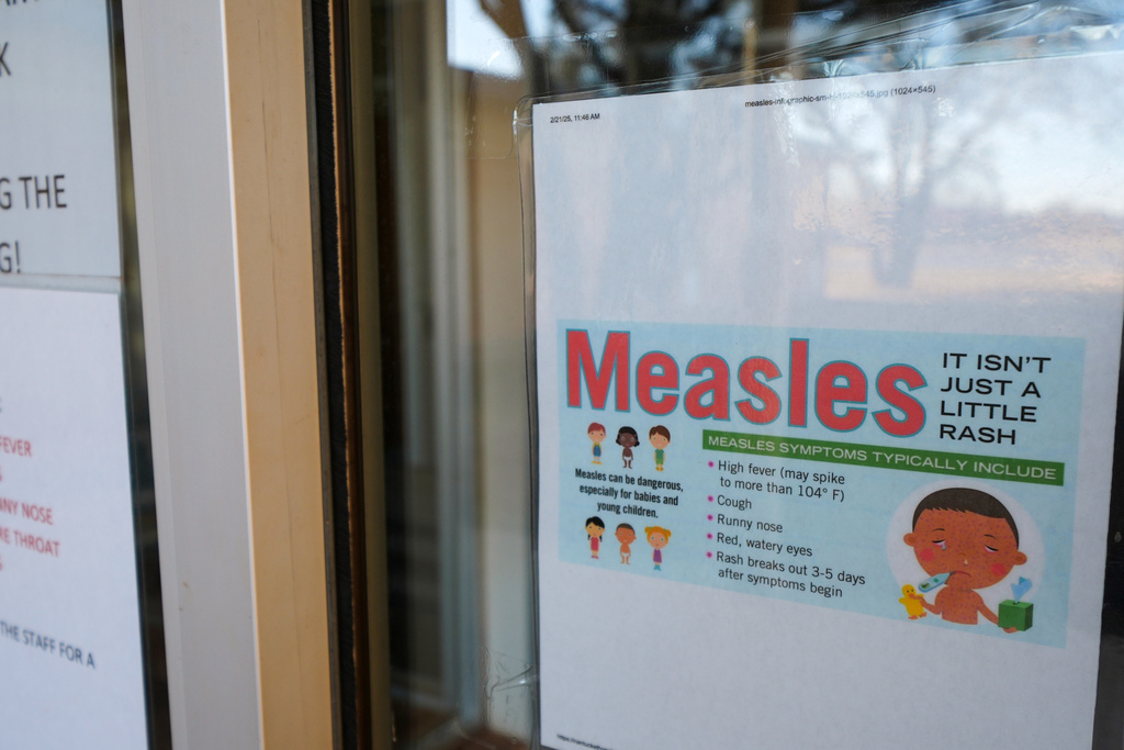 A sign is seen outside a clinic with the South Plains Public Health District, Feb. 23, 2025, in Brownfield, Texas.