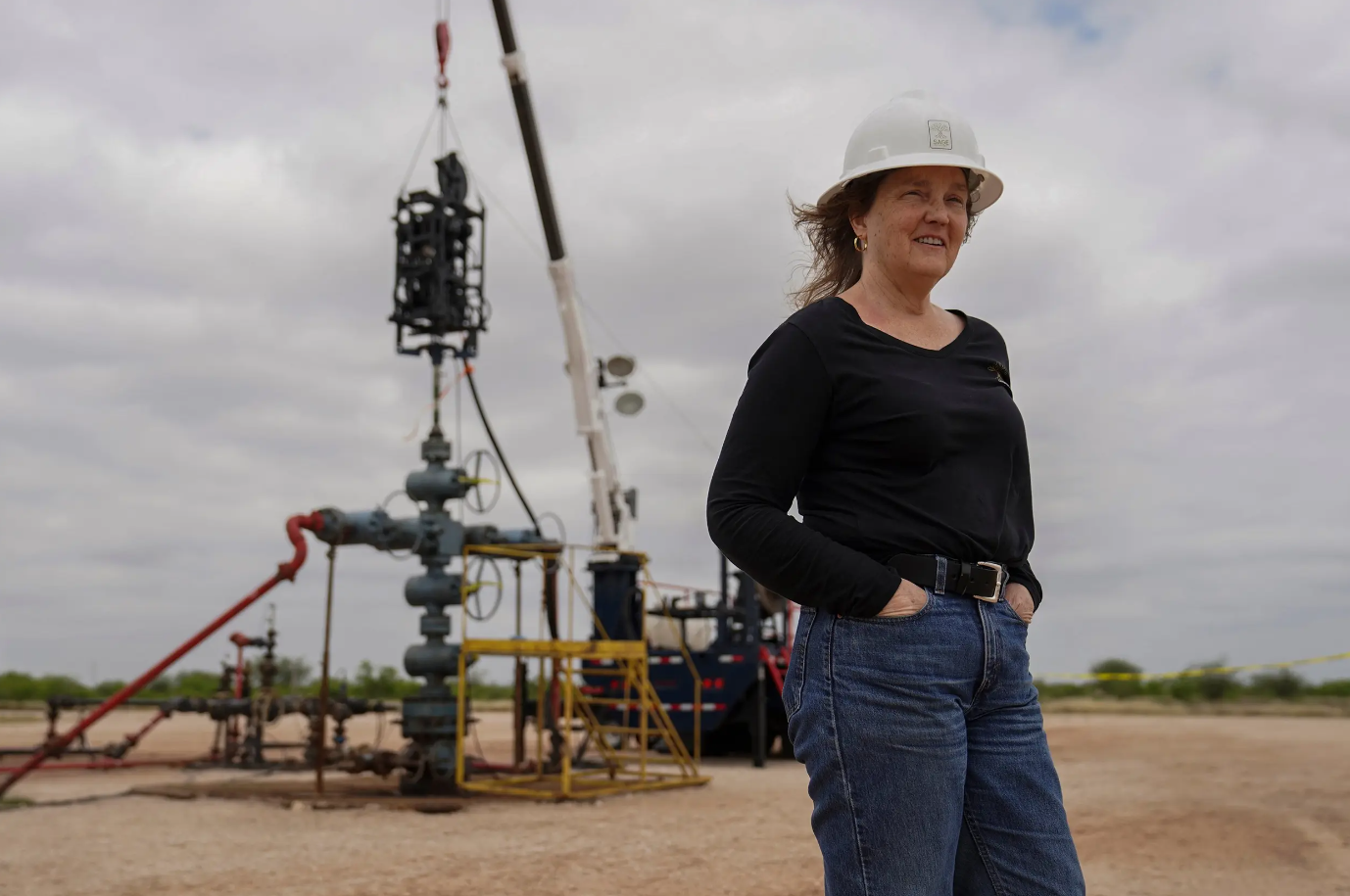 Cindy Taff, chief executive officer of Sage Geosystems, at a testing site in Starr County on March 22, 2023. The startup is testing storing energy in the ground. “There’s some people that believe that there’s a climate crisis, and some people don’t believe it," Taff said. "We want this to be the energy of choice whether you believe in it or not because it’s cost-effective as well.”
