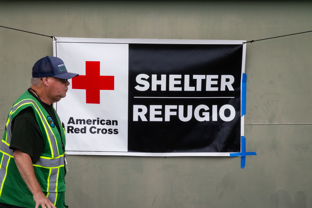 An American Red Cross volunteer walks outside Freedom Hall, an evacuation center in Fountain Valley, Calif.,on Monday, May 25, 2026. 