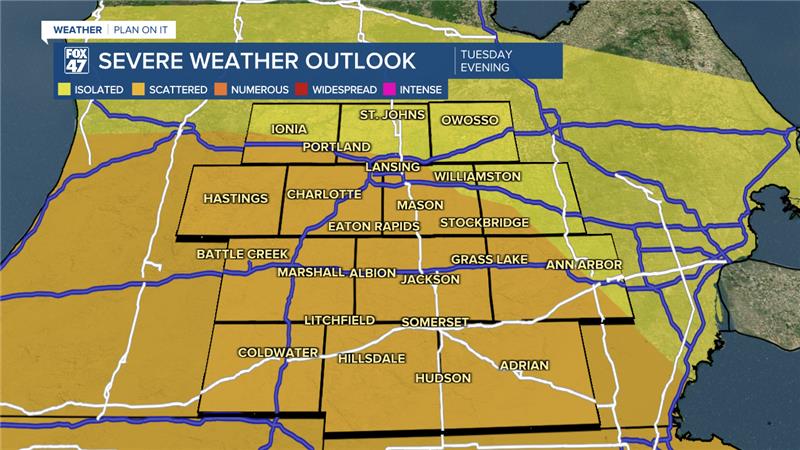 Slight risk of scattered severe thunderstorms across our neighborhoods Tuesday night with all severe impacts on the table