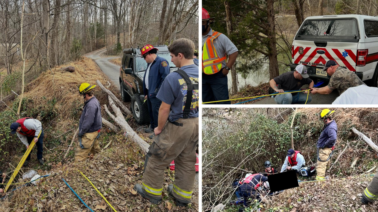 Person rescued after falling down embankment in Prince George County