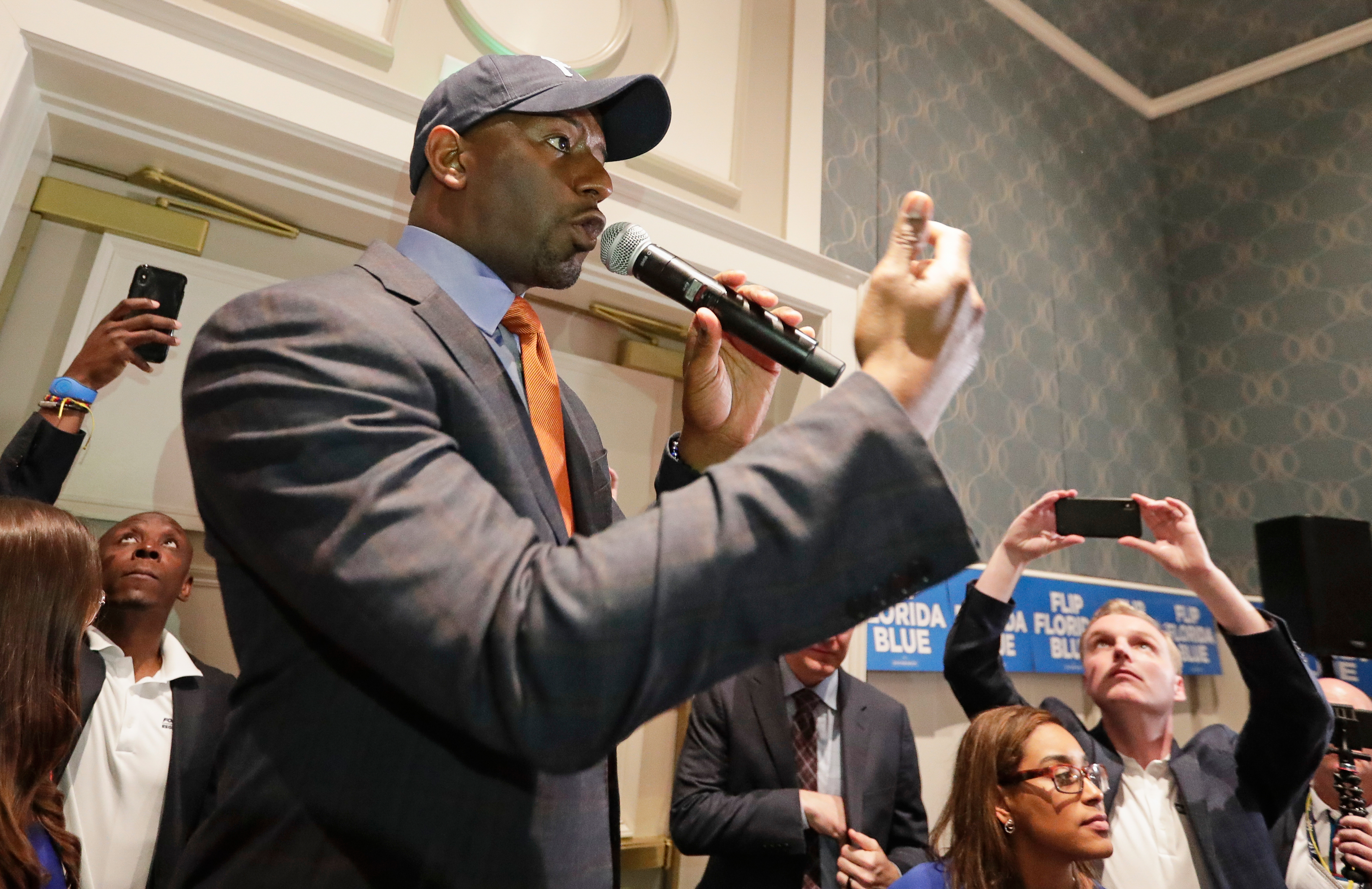FILE - Former Florida Democratic gubernatorial nominee Andrew Gillum speaks to supporters during a gathering at the Florida Democratic Party state conference, June 7, 2019, in Orlando, Fla.