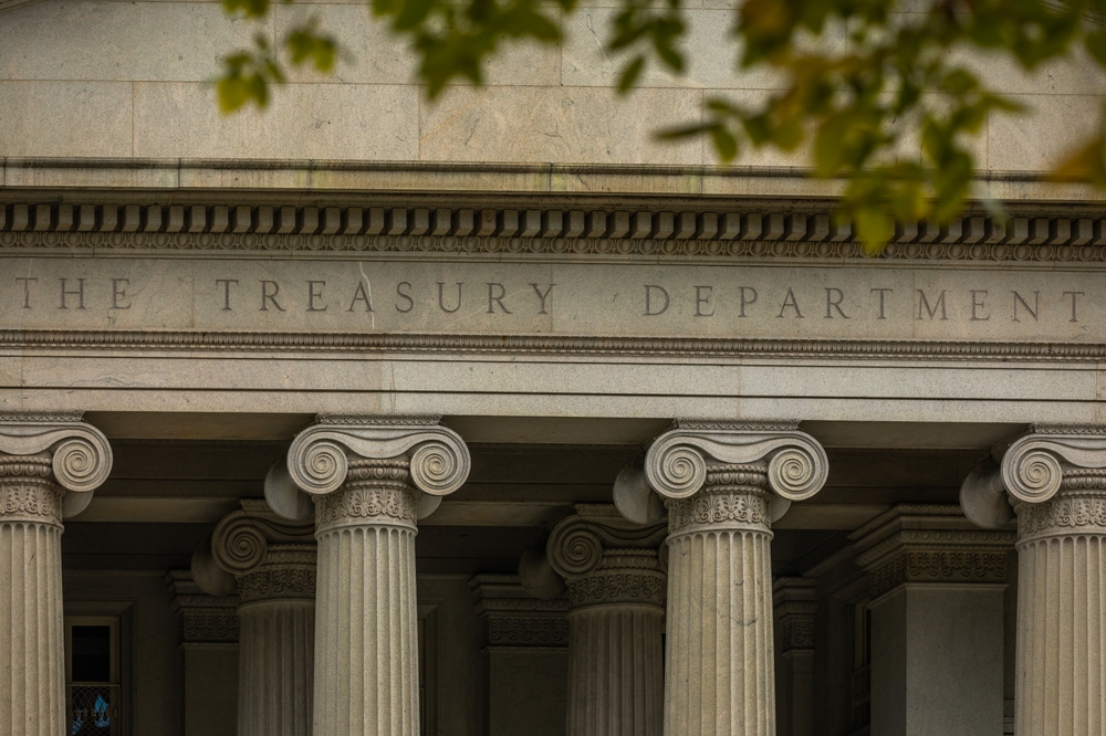 Lettering "The Treasury Department" on the Facade of the United States Treasury Department Building in Washington