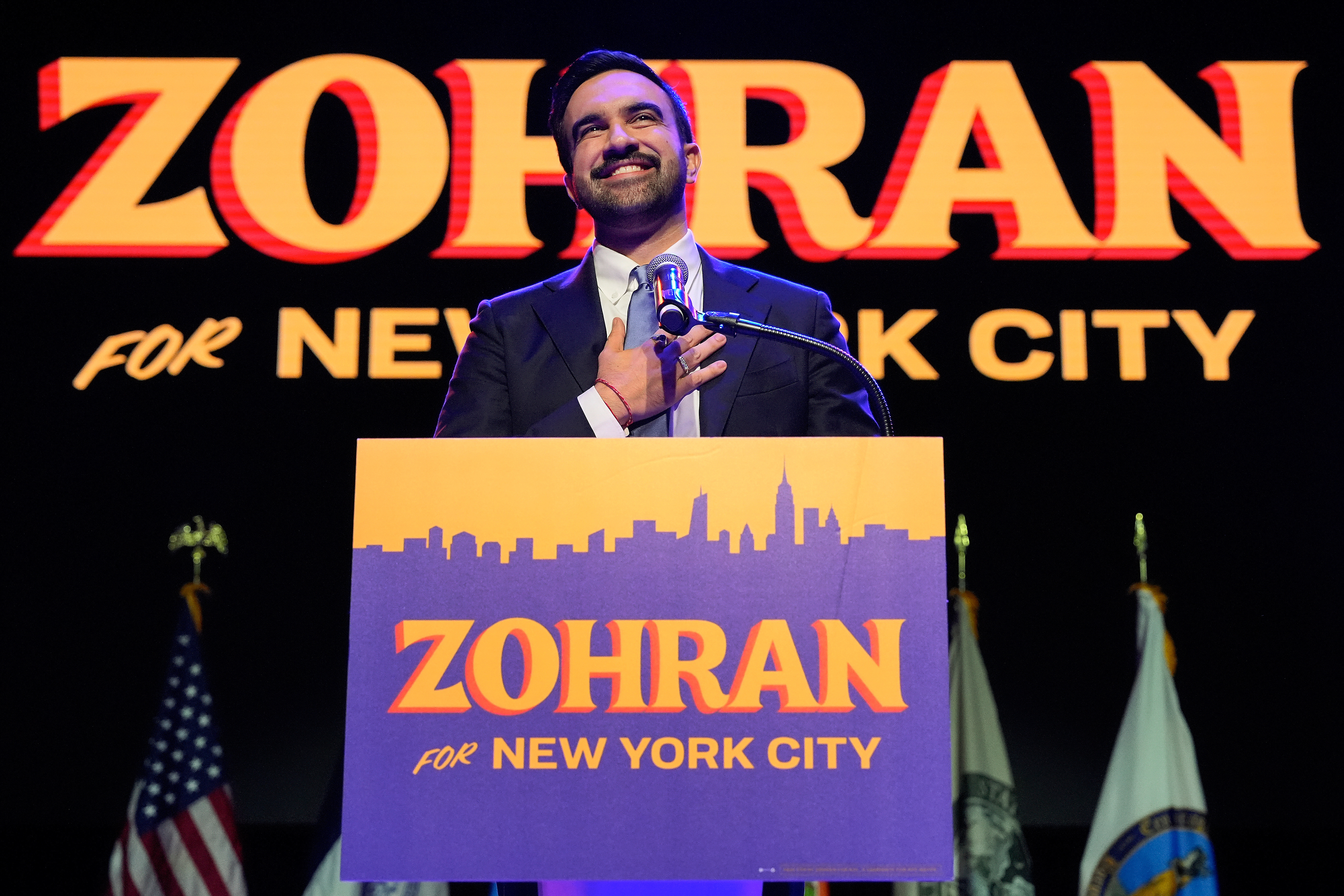 Zohran Mamdani speaks during a victory speech at a mayoral election night watch party, Tuesday, Nov. 4, 2025, in New York. 