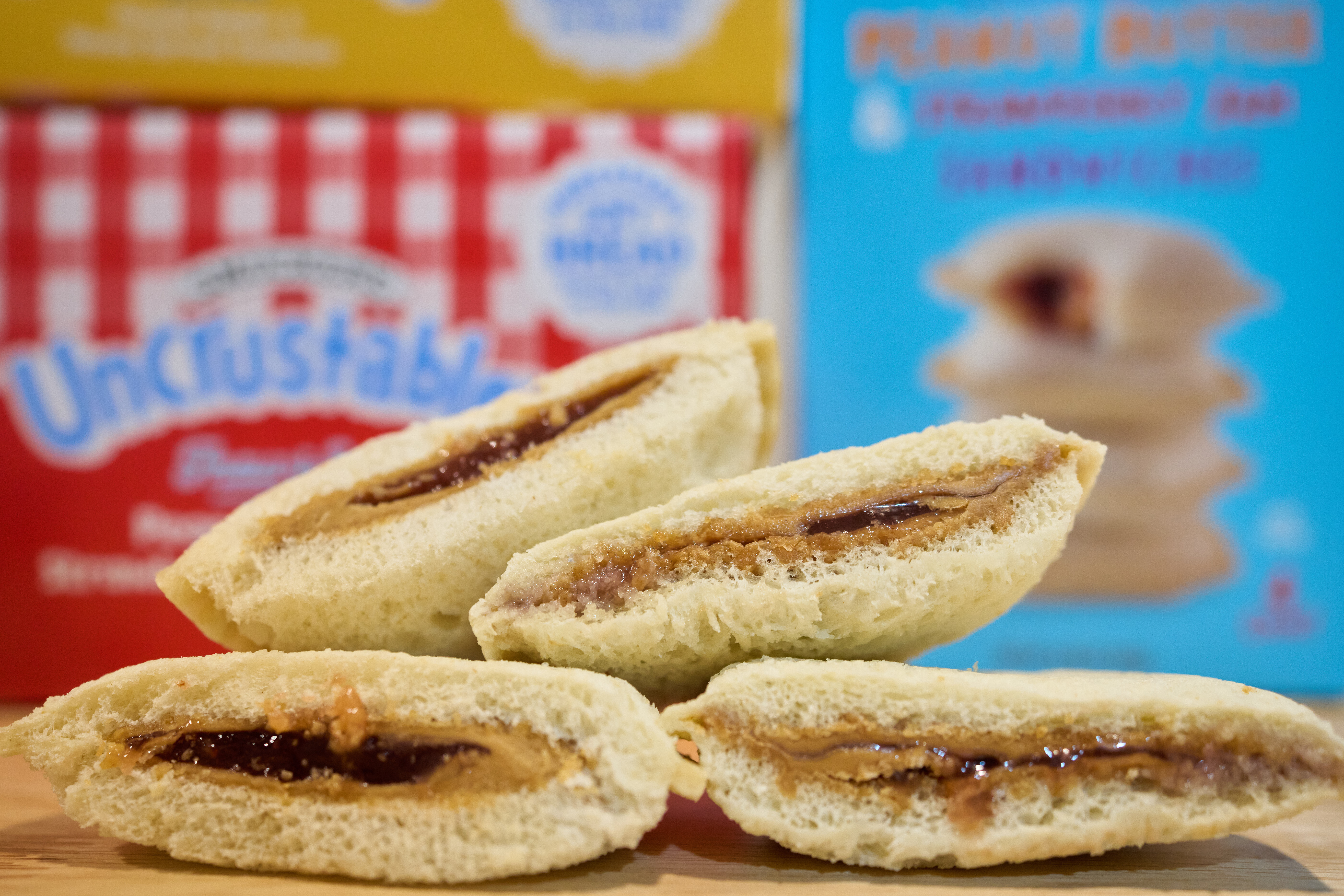 Crust-less sandwiches from Smucker's and Trader Joe's are displayed, Wednesday, Oct. 15, 2025, in Detroit.