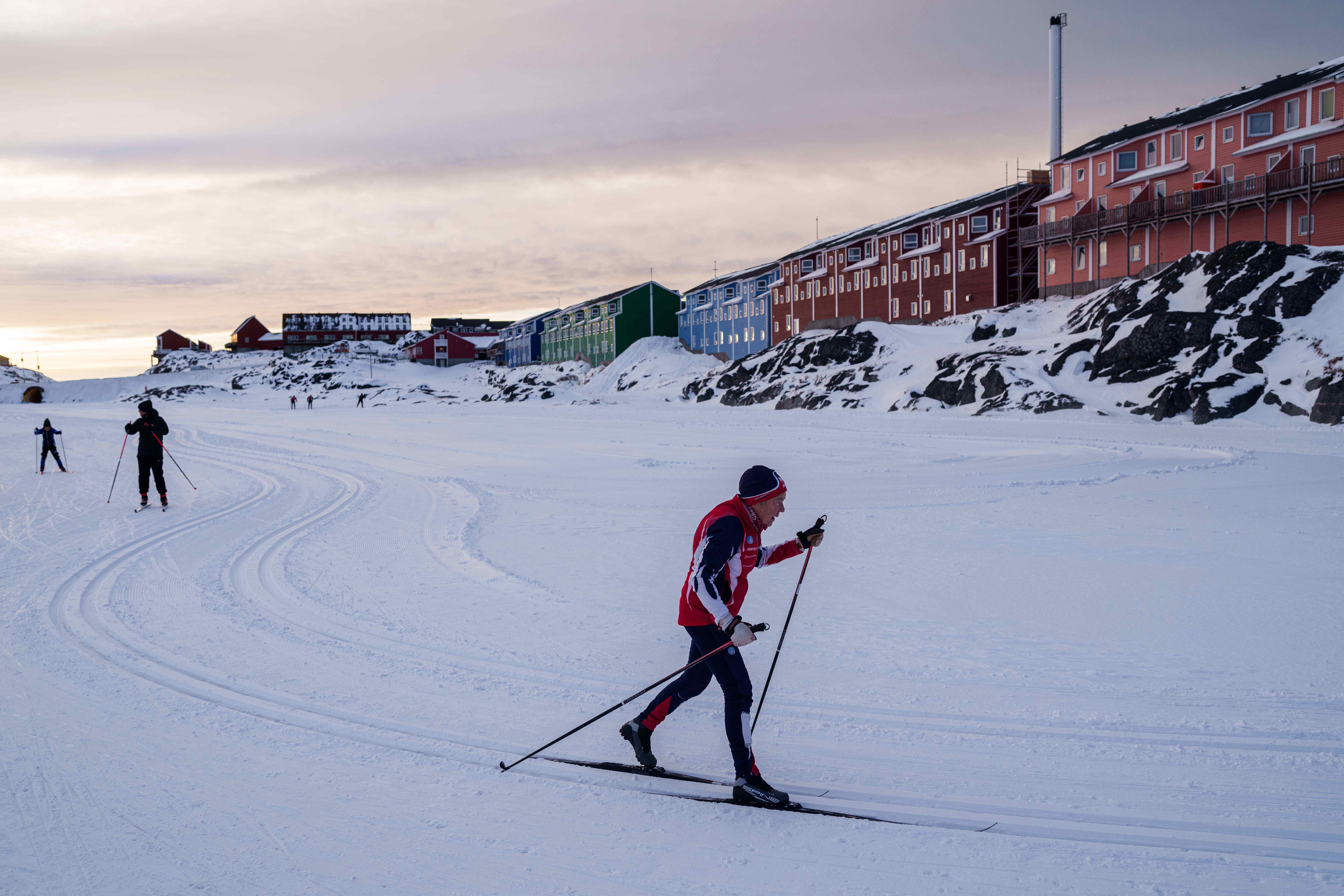 A man skis in Nuuk, Greenland, on Wednesday, Jan. 14, 2026. 