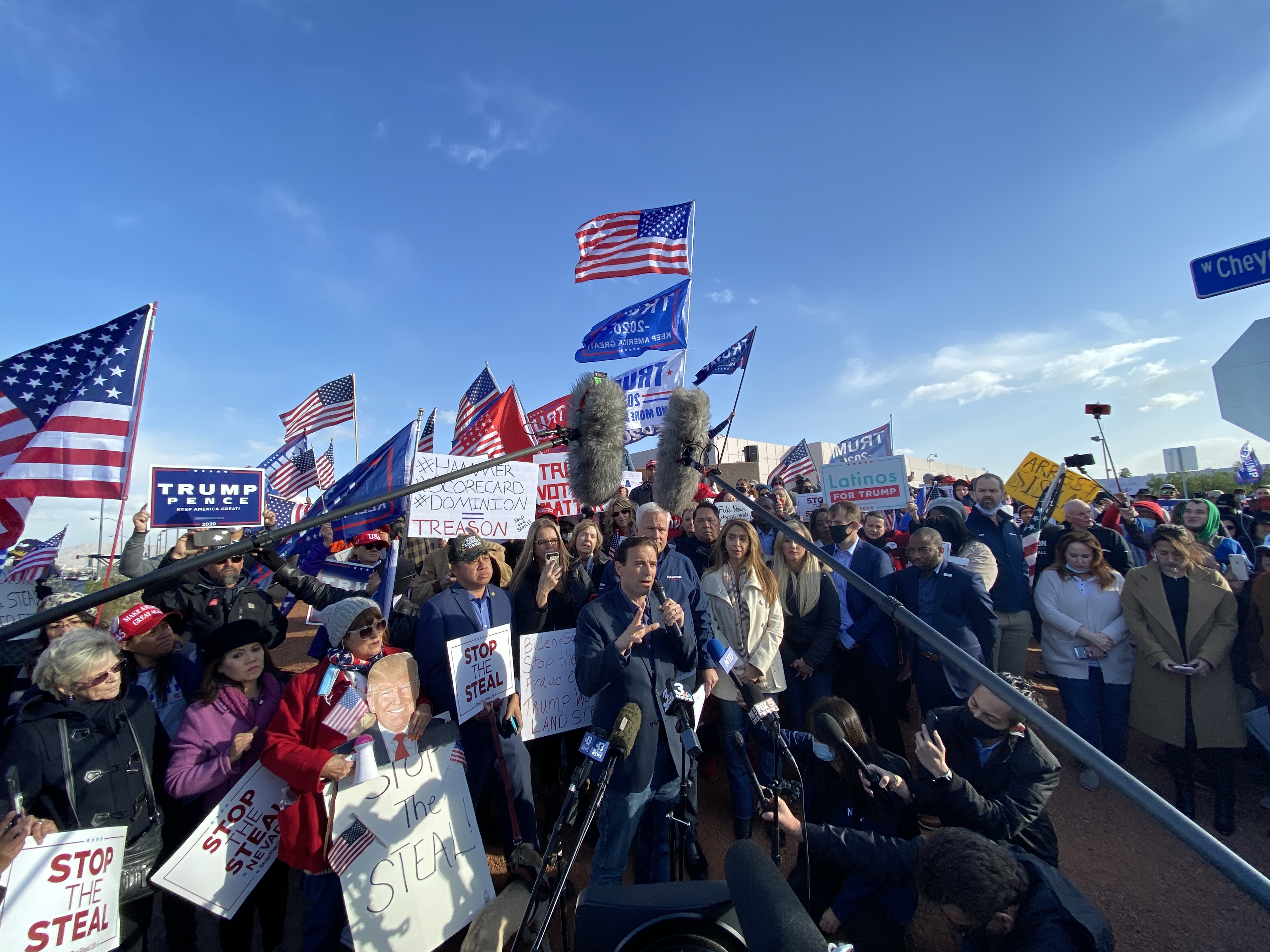 Former Nevada Attorney General and Trump Campaign Nevada Co-Chair Adam Laxalt and American Conservative Union Chair Matt Schlapp joined dozens of the President Trump's supporters and made several unsubstantiated claims regarding the election at a protest and news conference Sun. Nov. 8, 2020