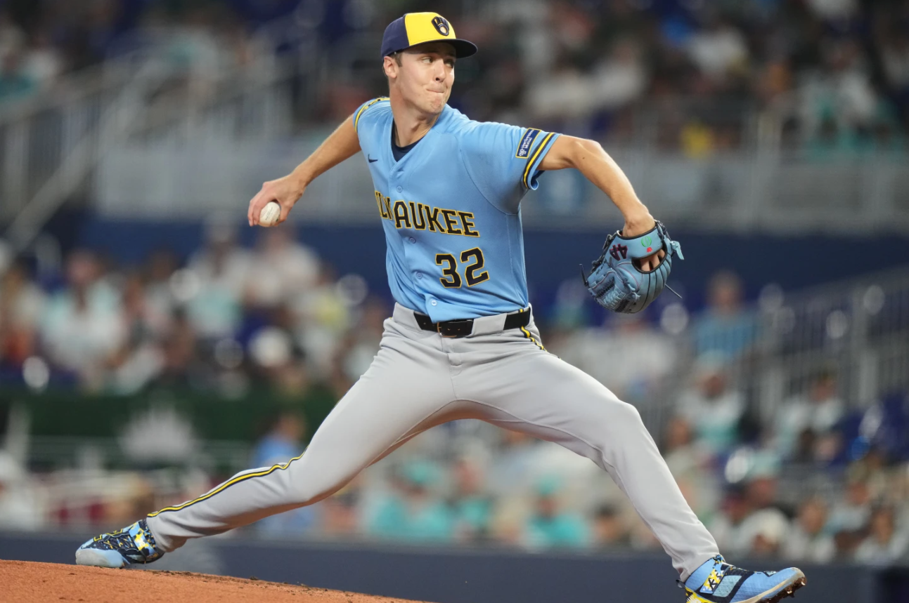 Milwaukee Brewers pitcher Jacob Misiorowski throws during the first inning of a baseball game against the Miami Marlins, Sunday, April 19, 2026, in Miami.