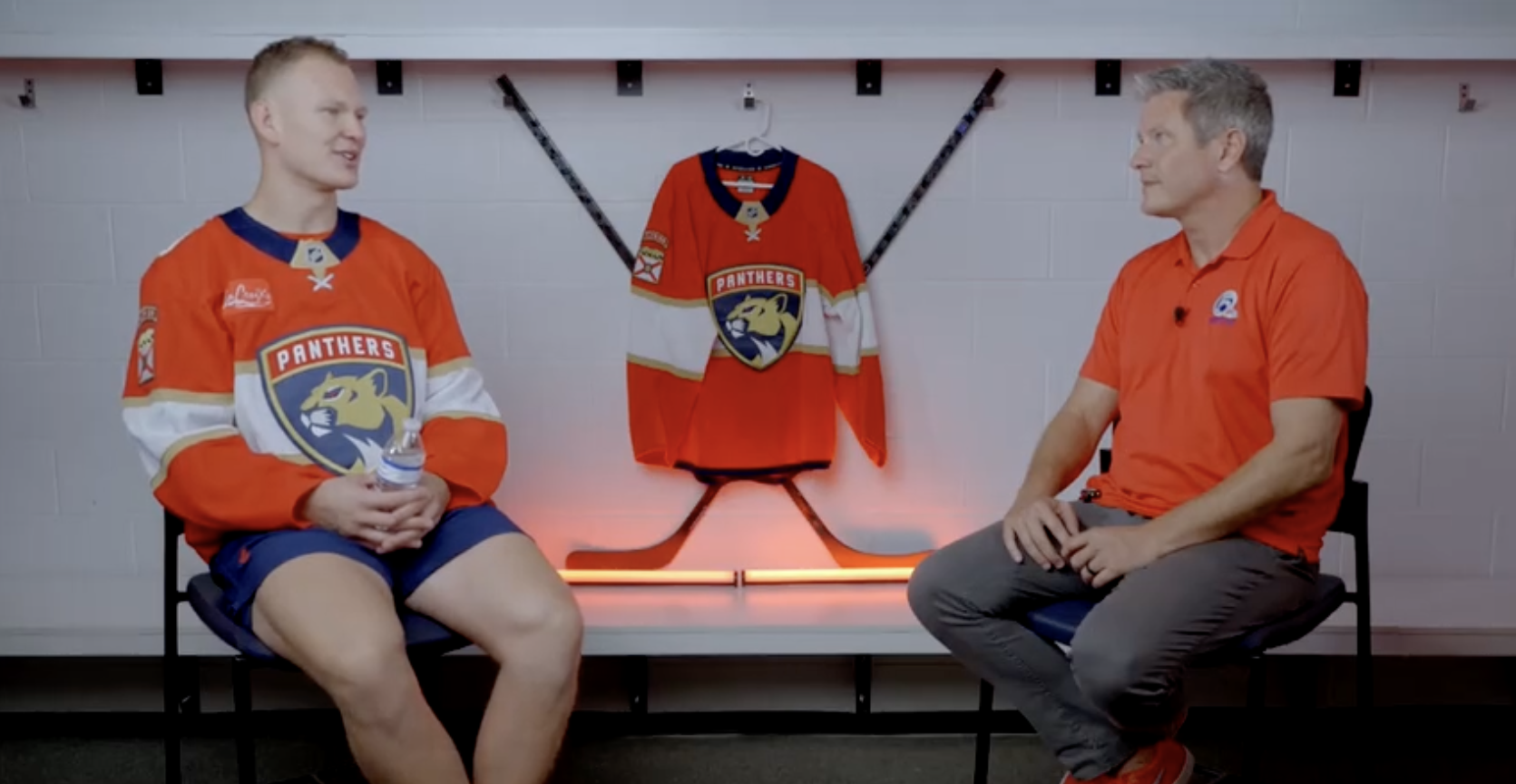 Florida Panthers forward Brady Tkachuk with WPTV Anchor and Panthers 360 host Mike Trim