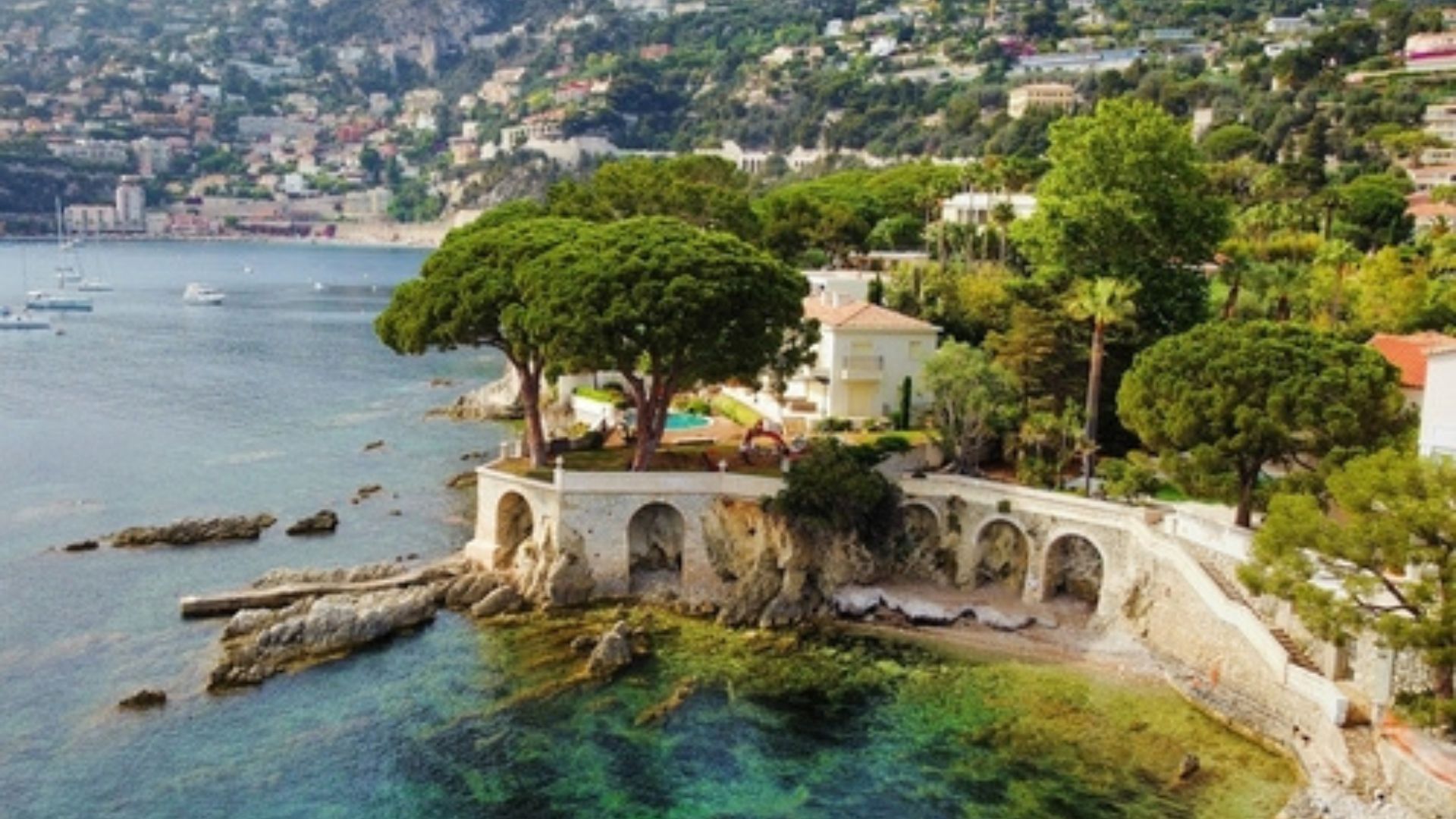 An aerial view of the sea in Villefranche-sur-Mer, France.