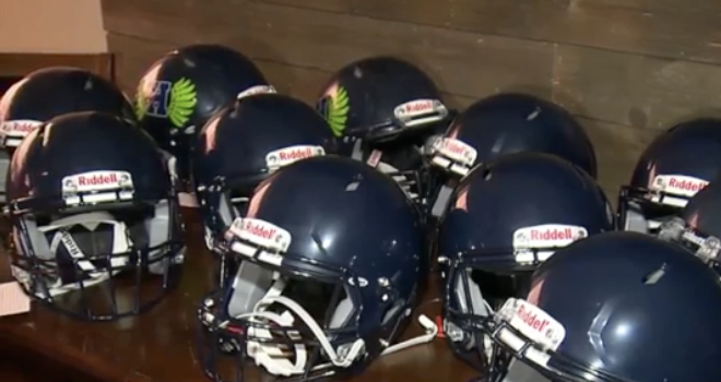 Youth football helmets.