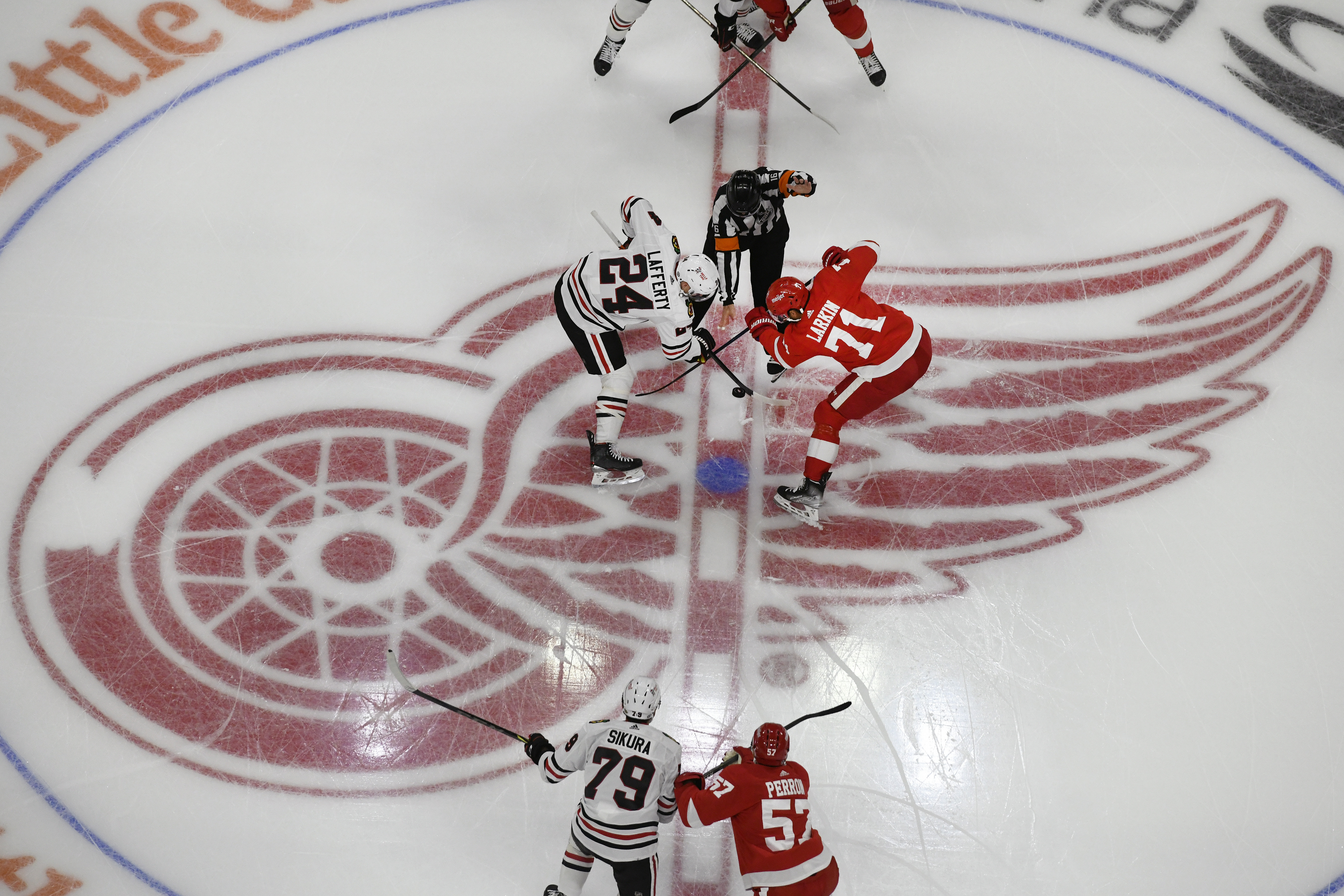 Sam Lafferty, Dylan Larkin Blackhawks Red Wings Hockey