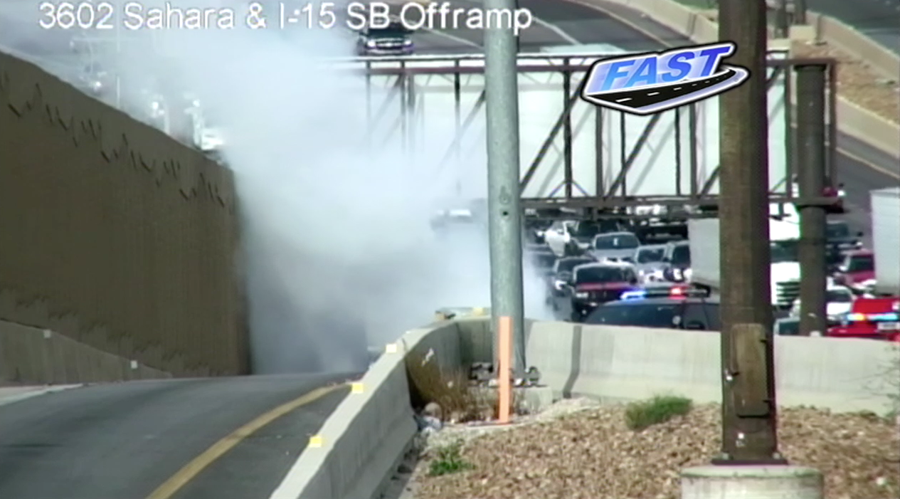 Car fire on I-15 South Sahara Avenue offramp on Sunday, February 25, 2024.