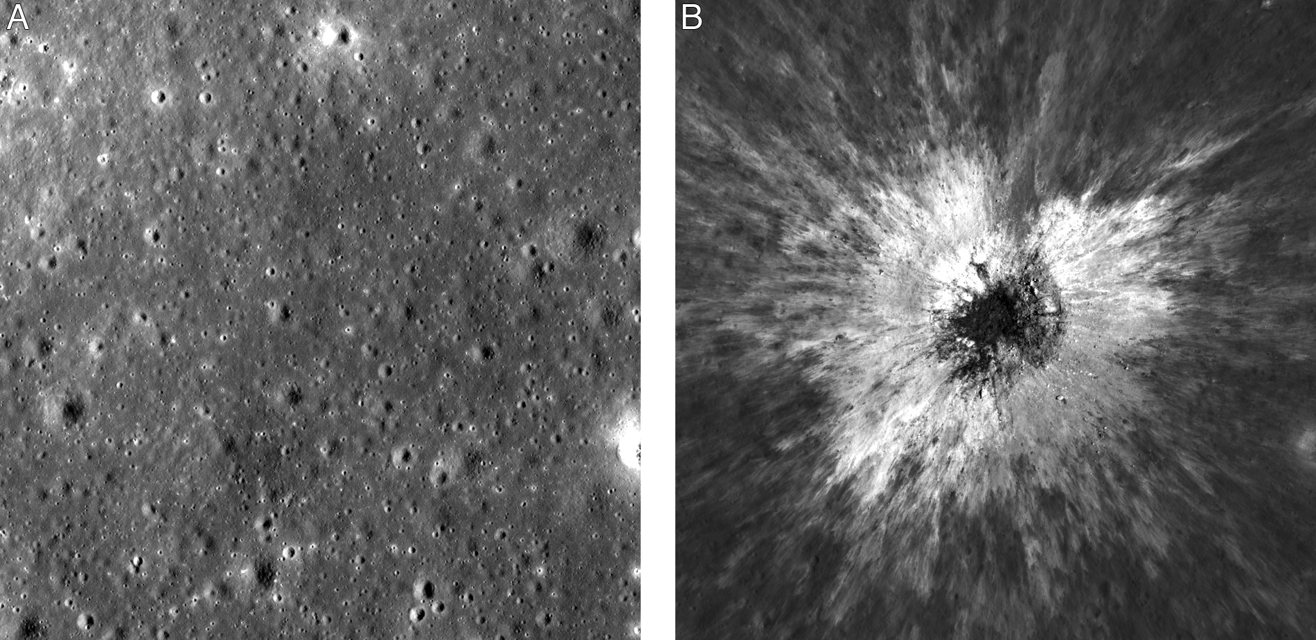 This combination of photos made by NASA's Lunar Reconnaissance Orbiter shows the same area on the surface of the moon before and after a newly-discovered crater in May 2024.