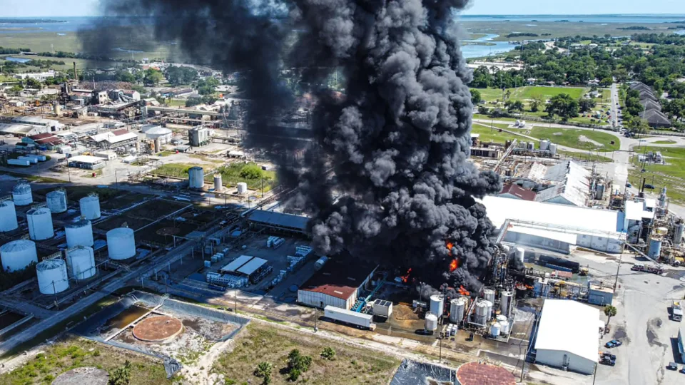 Smoke billows out of a plant that reignited on Saturday, April 15, 2023, in Brunswick, Georgia.