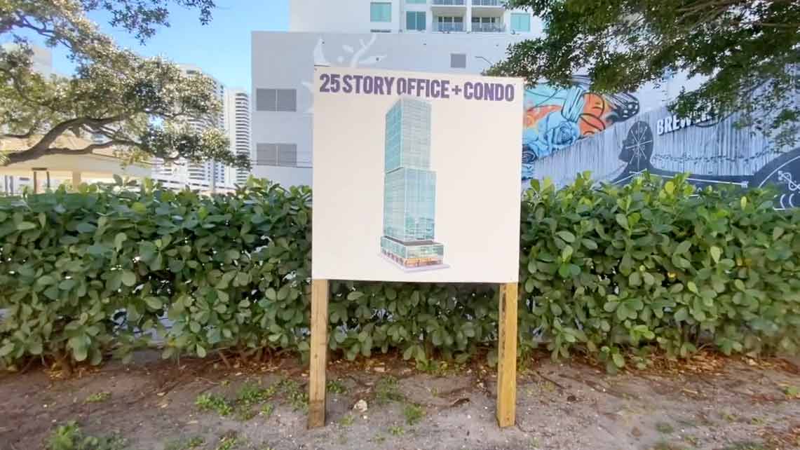 A sign is posted in the 300 block of Evernia Street in downtown West Palm Beach alluding that a 25-story office and condo will be built at that location.
