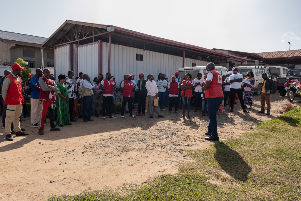 Red Cross team prepares for an outreach to sensitise people amid the Ebola outbreak in Bunia, Congo, Sunday, May 25, 2025. 