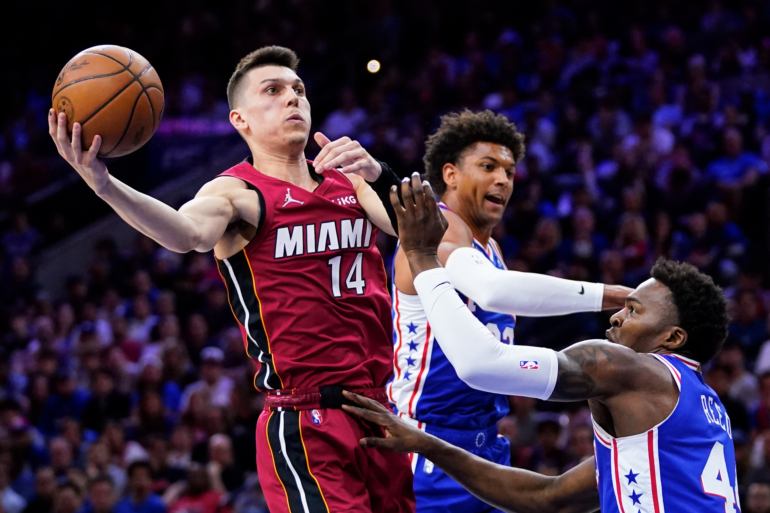 Miami Heat guard Tyler Herro goes up for shot during Game 6 of NBA playoff game at Philadelphia 76ers, May 16, 2022