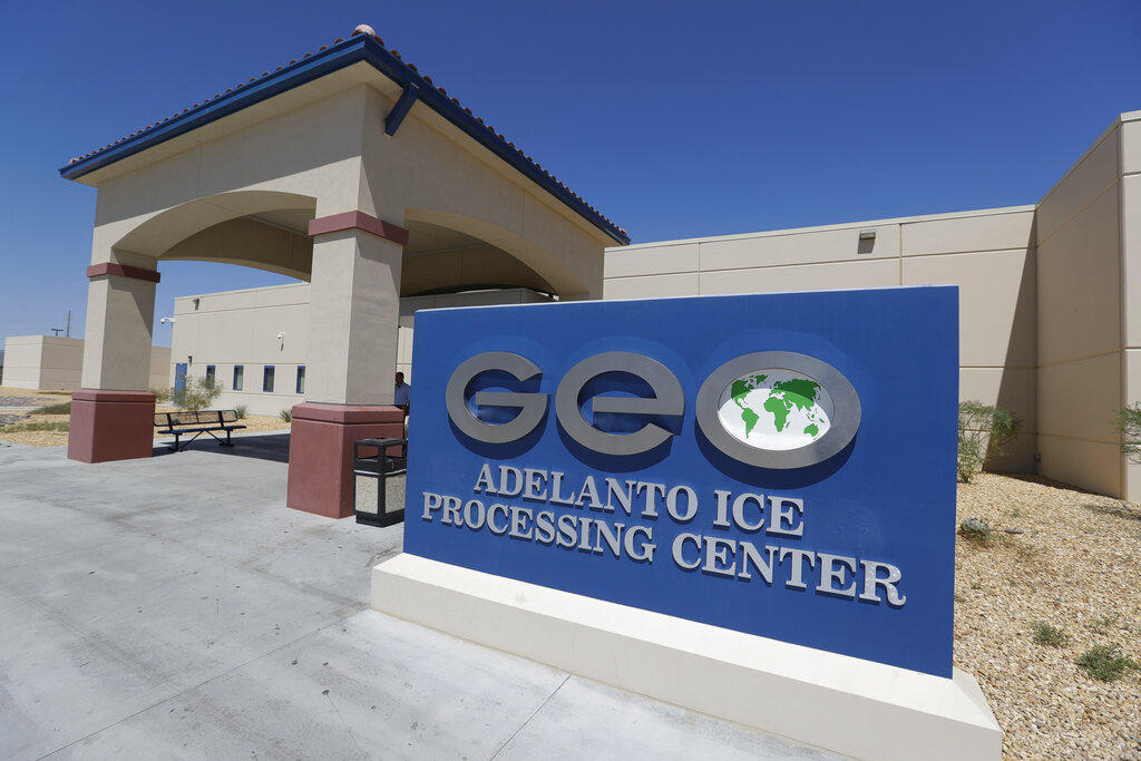 This Aug. 28, 2019, photo shows the Adelanto U.S. Immigration and Enforcement Processing Center  in Adelanto, Calif., operated by GEO Group, Inc. (GEO) a Florida-based company specializing in privatized corrections.