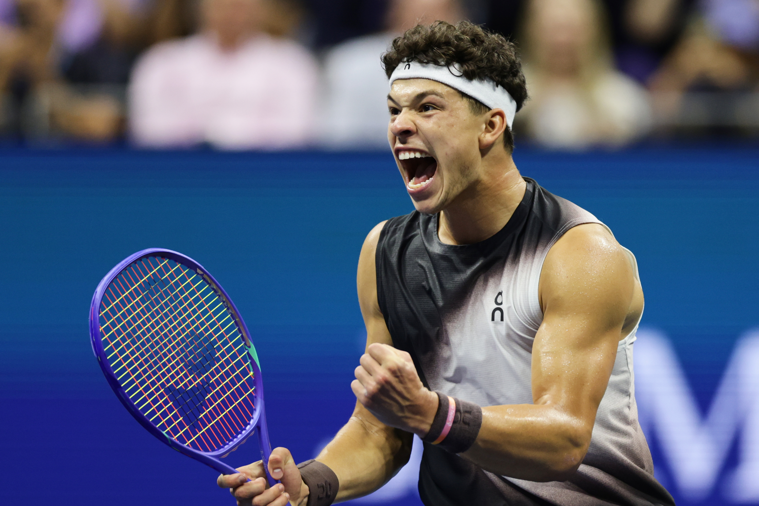 Ben Shelton, of the United States, celebrates after a point in the fifth set against Carlos Alcaraz, of Spain, during the quarterfinal round of the U.S. Open tennis championships, early Wednesday, Sept. 9, 2026, in New York. 