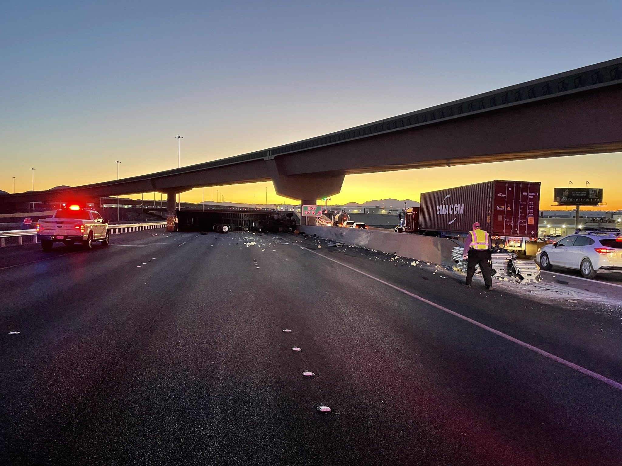 Overturned semi on I-15 at Tropical Pkwy