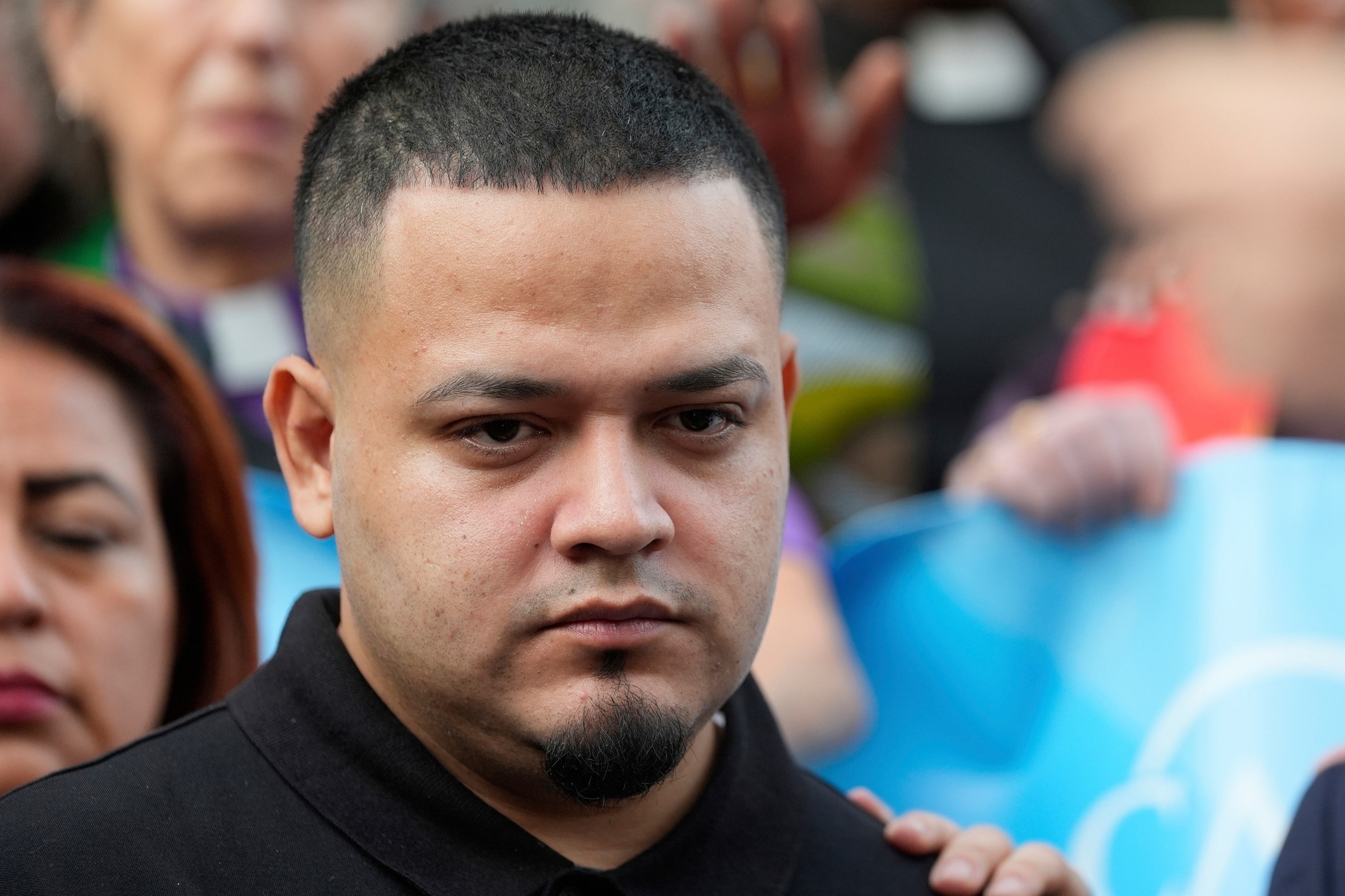 Kilmar Abrego Garcia joins supporters in a protest rally outside the Immigration and Customs Enforcement field office in Baltimore, Aug. 25, 2025. 