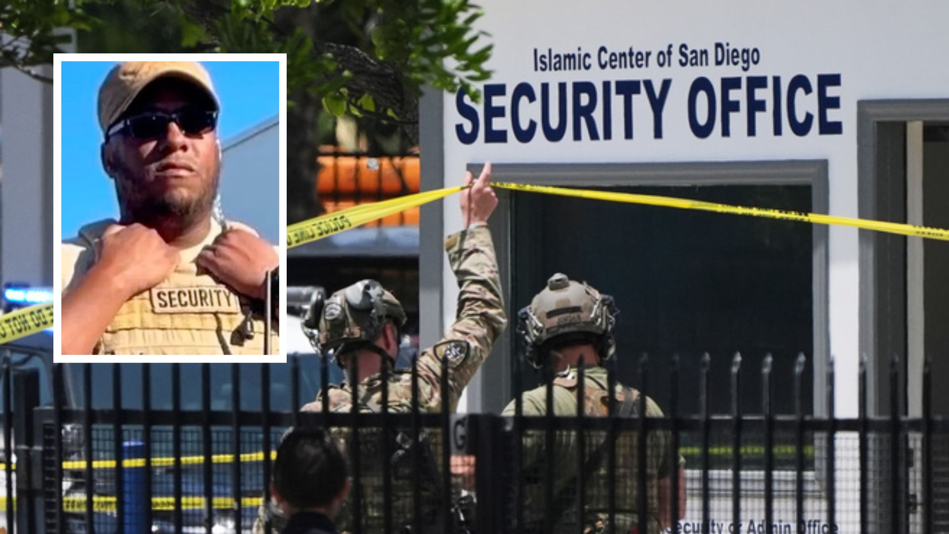 This combination of photos shows security guard Amin Abdullah, left, and authorities responding to the scene of a shooting at the Islamic Center of San Diego.