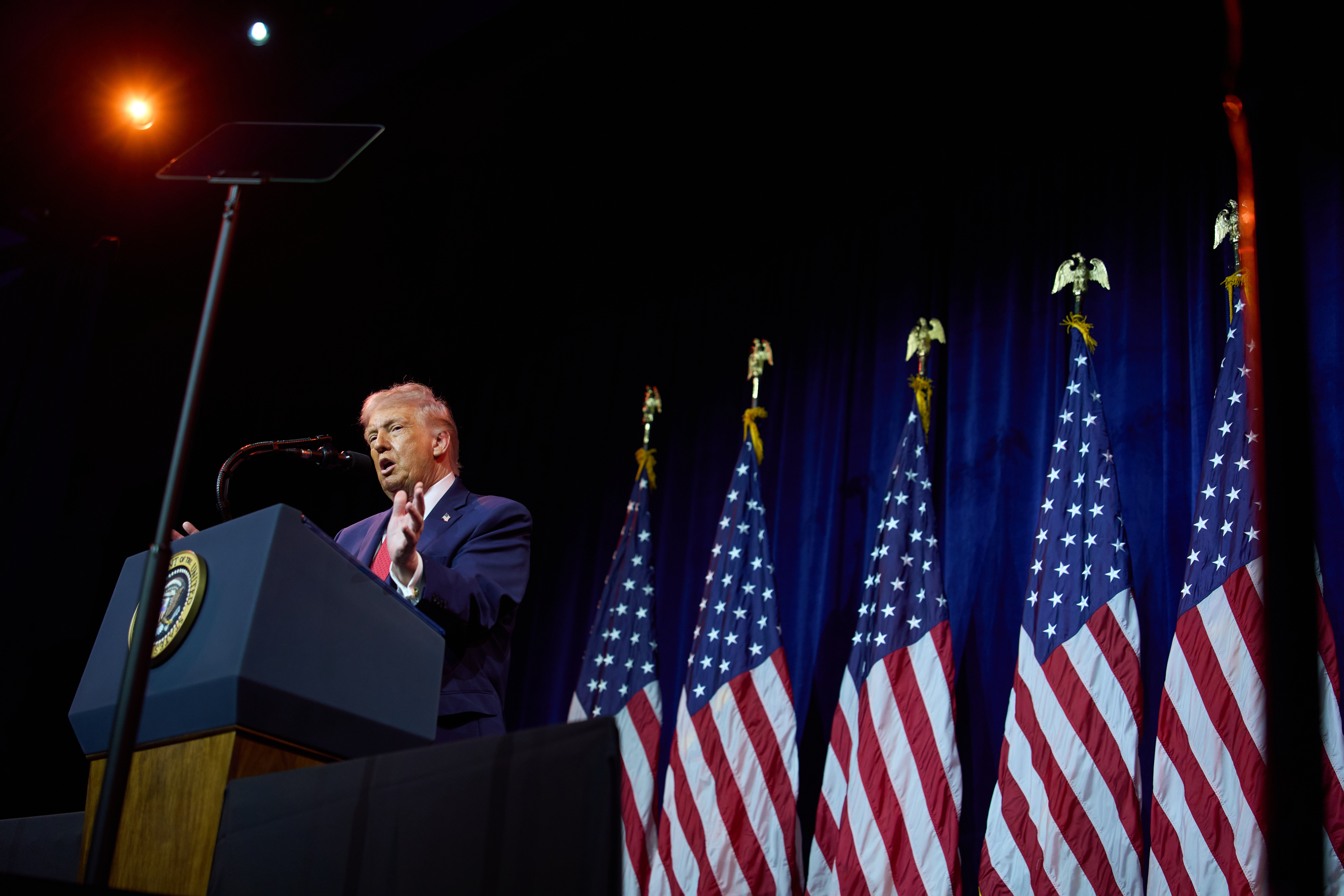 President Donald Trump speaks to House Republican lawmakers during their annual policy retreat, Tuesday, Jan. 6, 2026, in Washington.