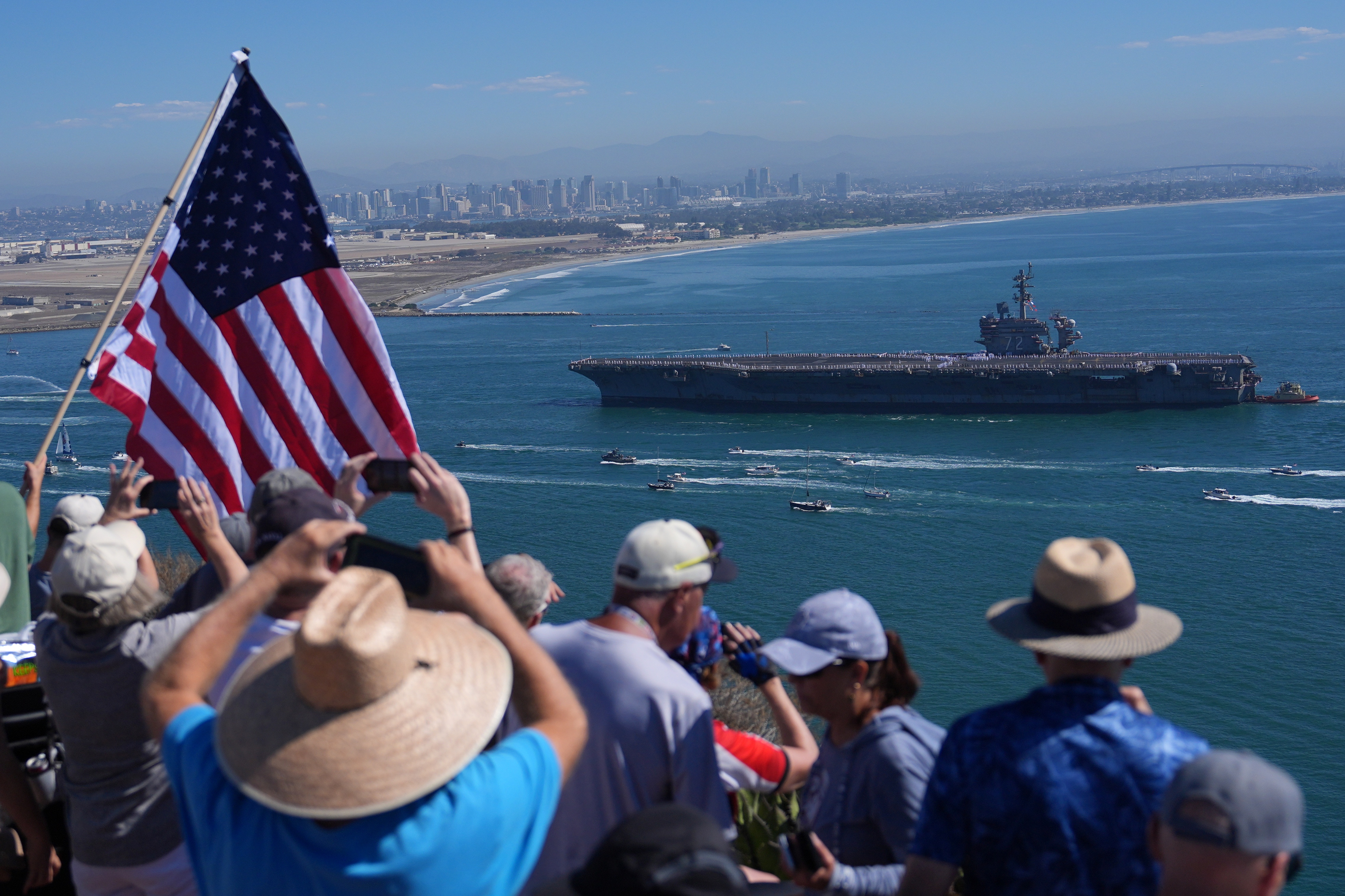 The USS Abraham Lincoln aircraft carrier returns to the San Diego Bay after deployment Thursday, Oct. 8, 2026, in San Diego.