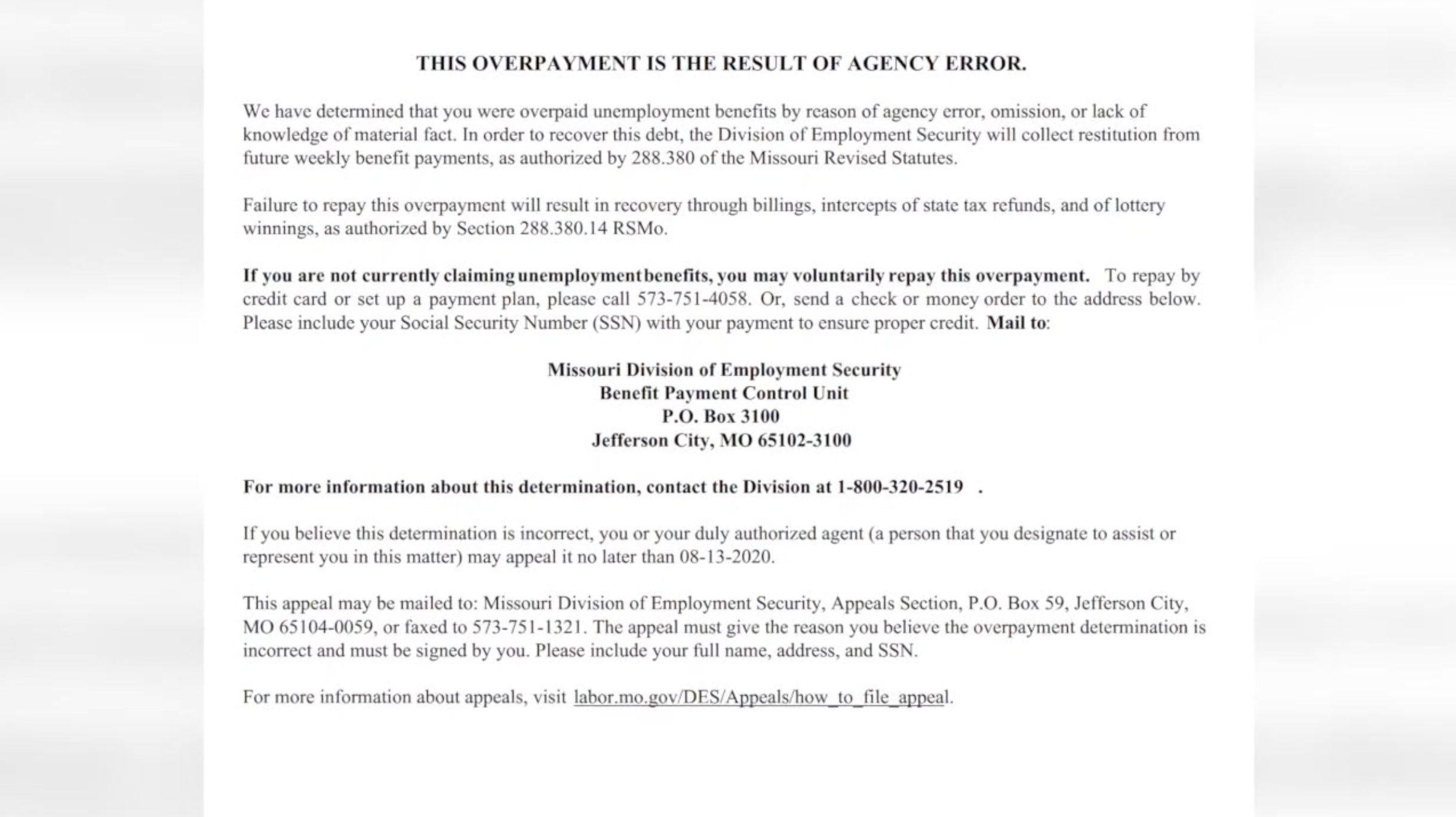 missouri unemployment overpayment