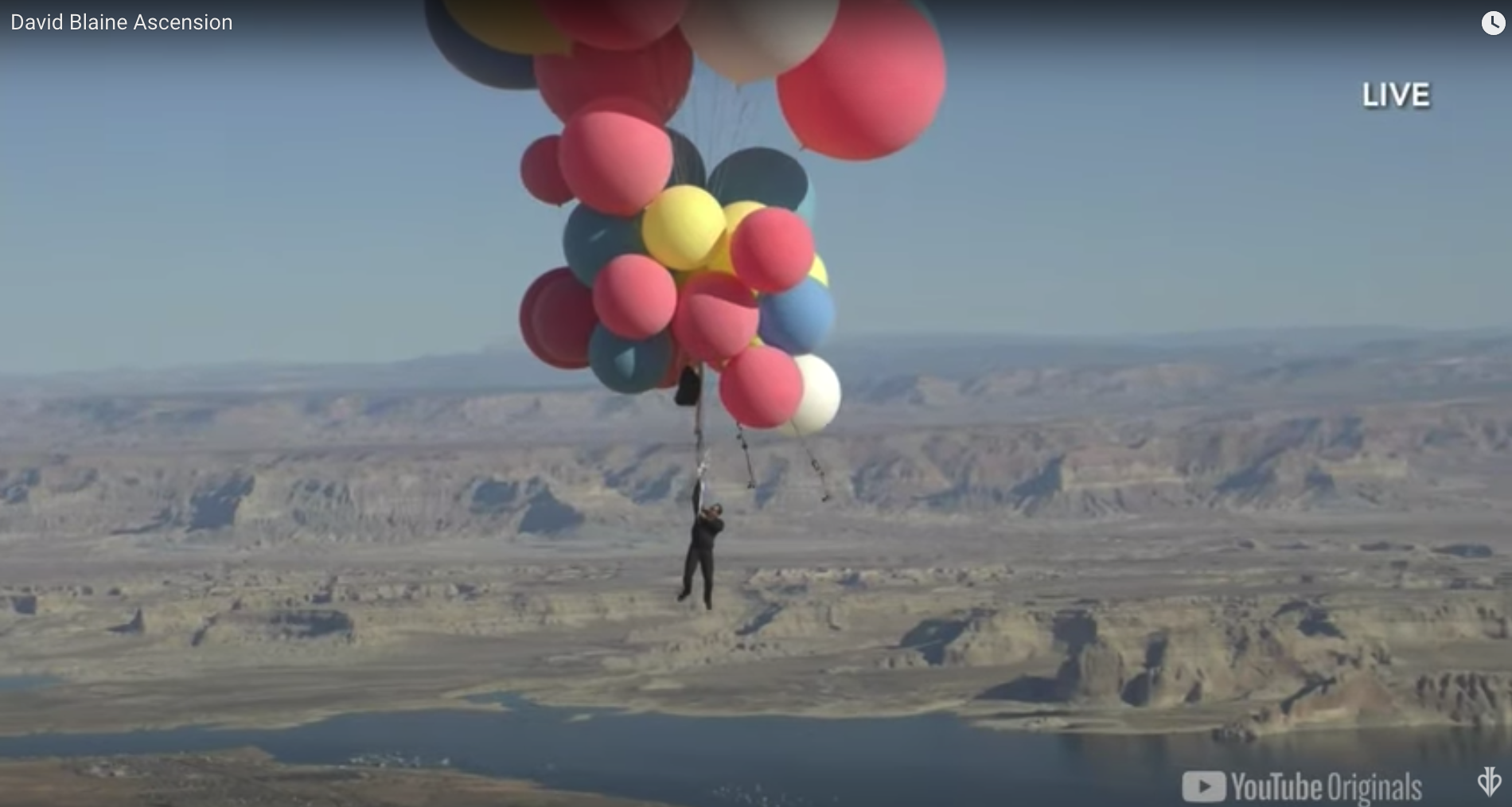 Balloon man? David Blaine hangs from 50 helium balloons over Arizona desert