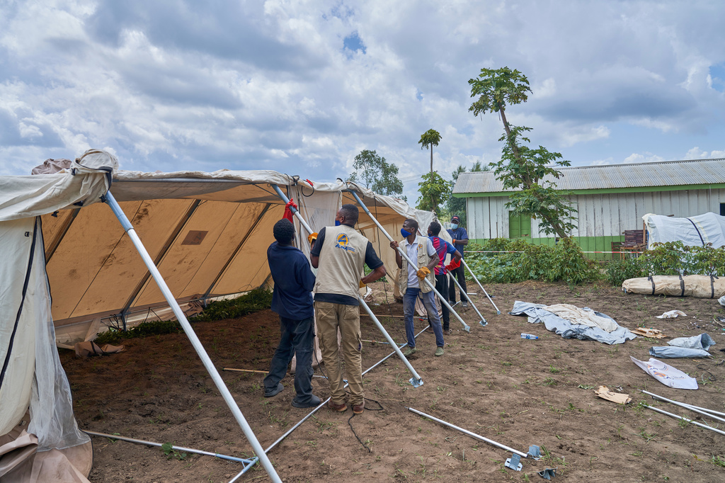 Aid workers set up an Ebola treatment center in Rwampara, Congo, Tuesday, May 19, 2026. 