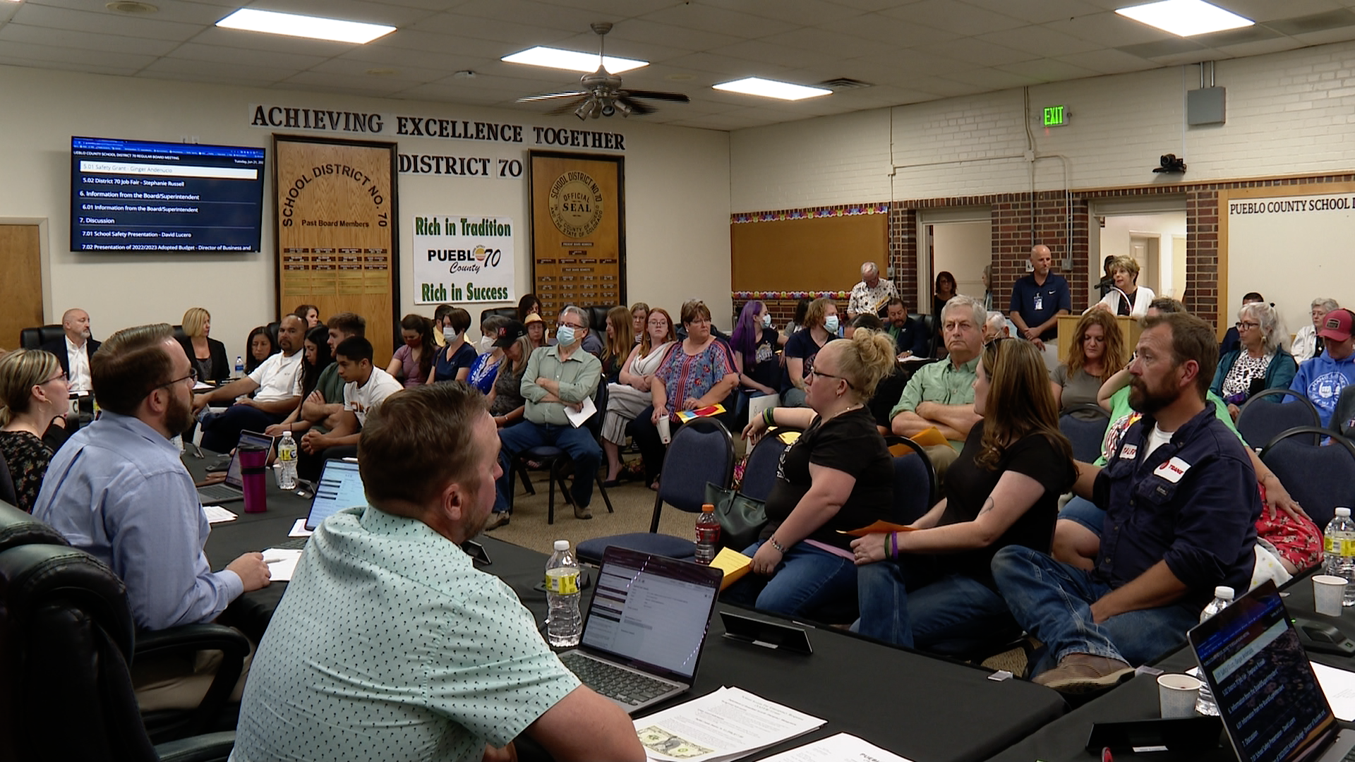 A full District 70 School Board Meeting in Pueblo as community members voice their opinions both for and against arming teachers.