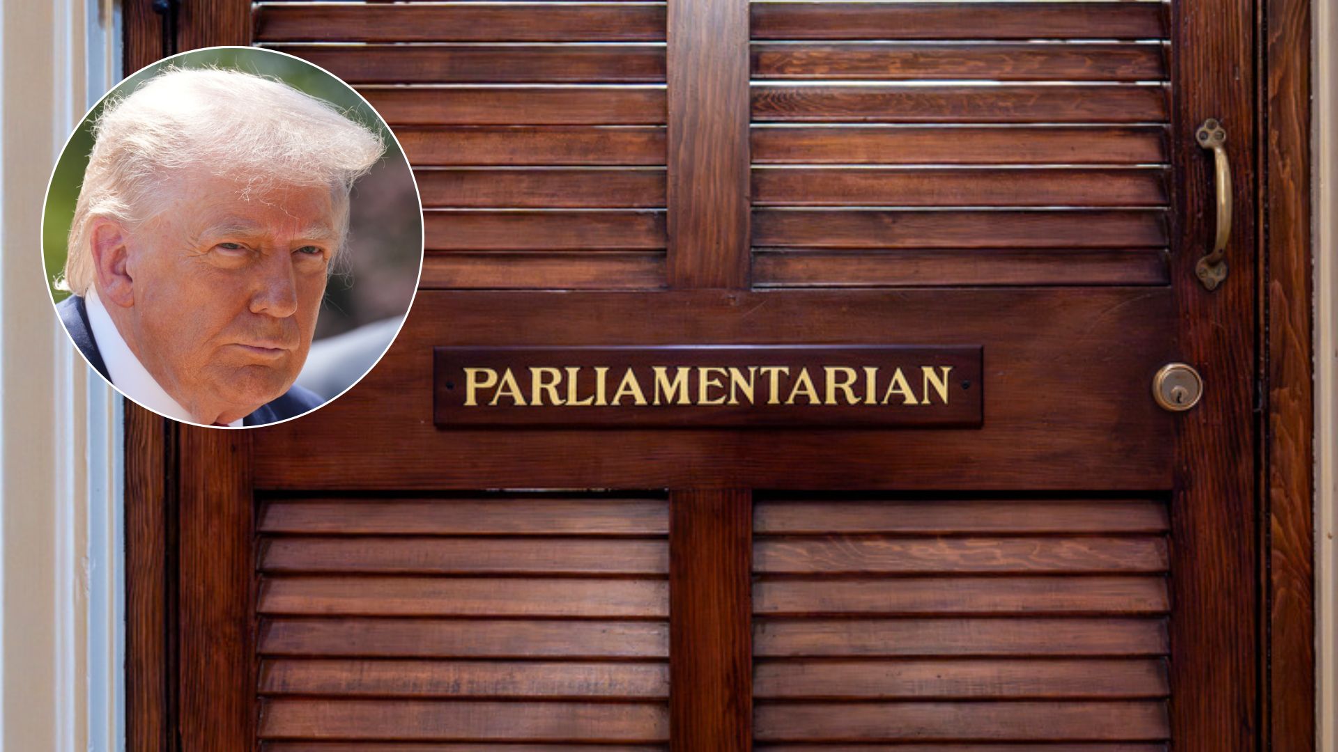 This combination of photos shows President Donald Trump and a door to the office of Senate Parliamentarian Elizabeth MacDonough.